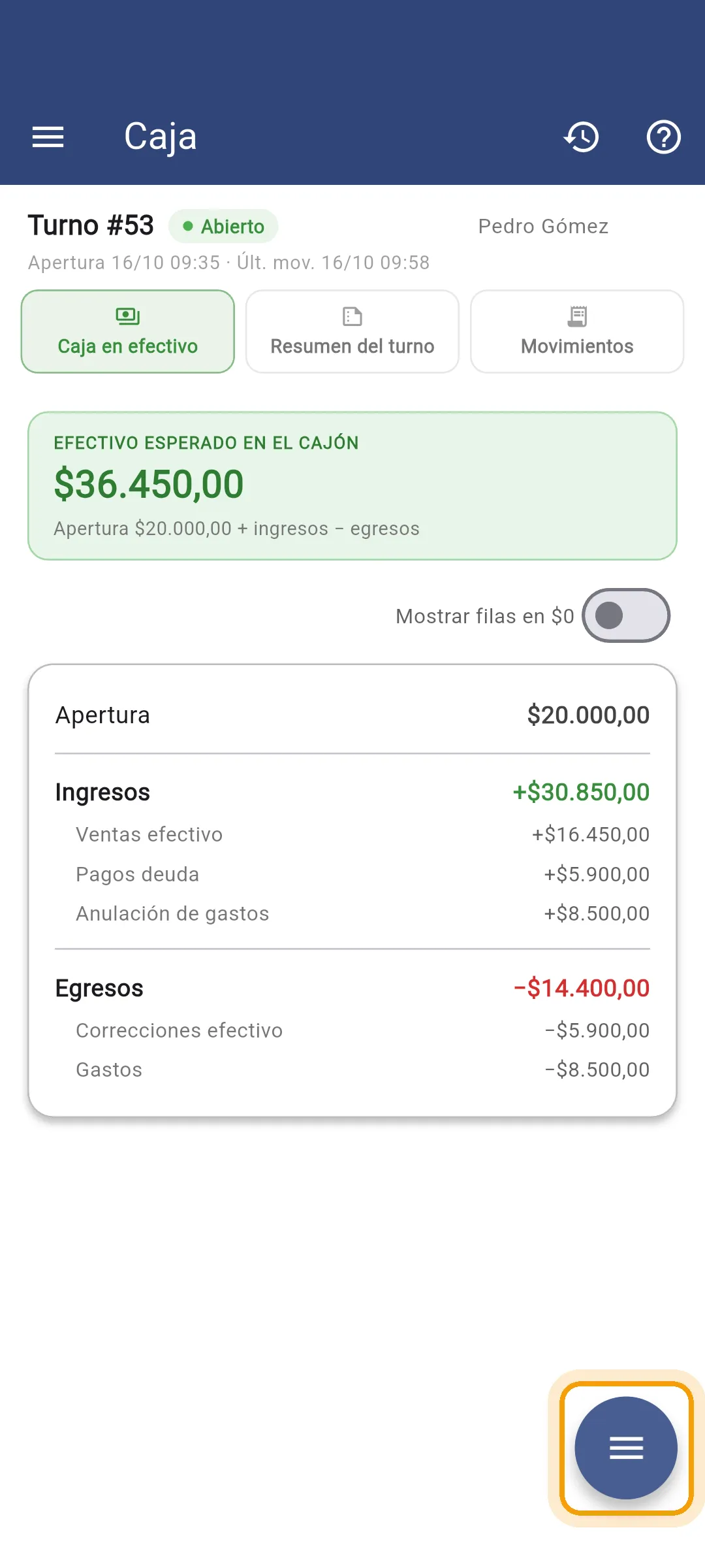 Botón de acciones de caja en el celular