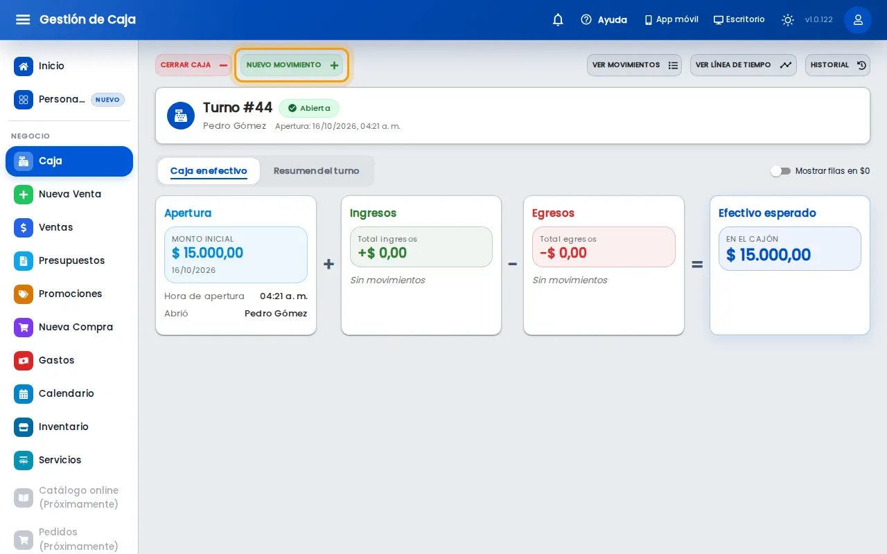 Botón Nuevo Movimiento en la pantalla de caja de la web