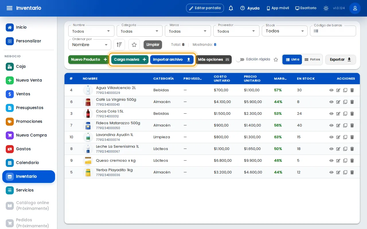 Botones Carga masiva e Importar archivo en Inventario