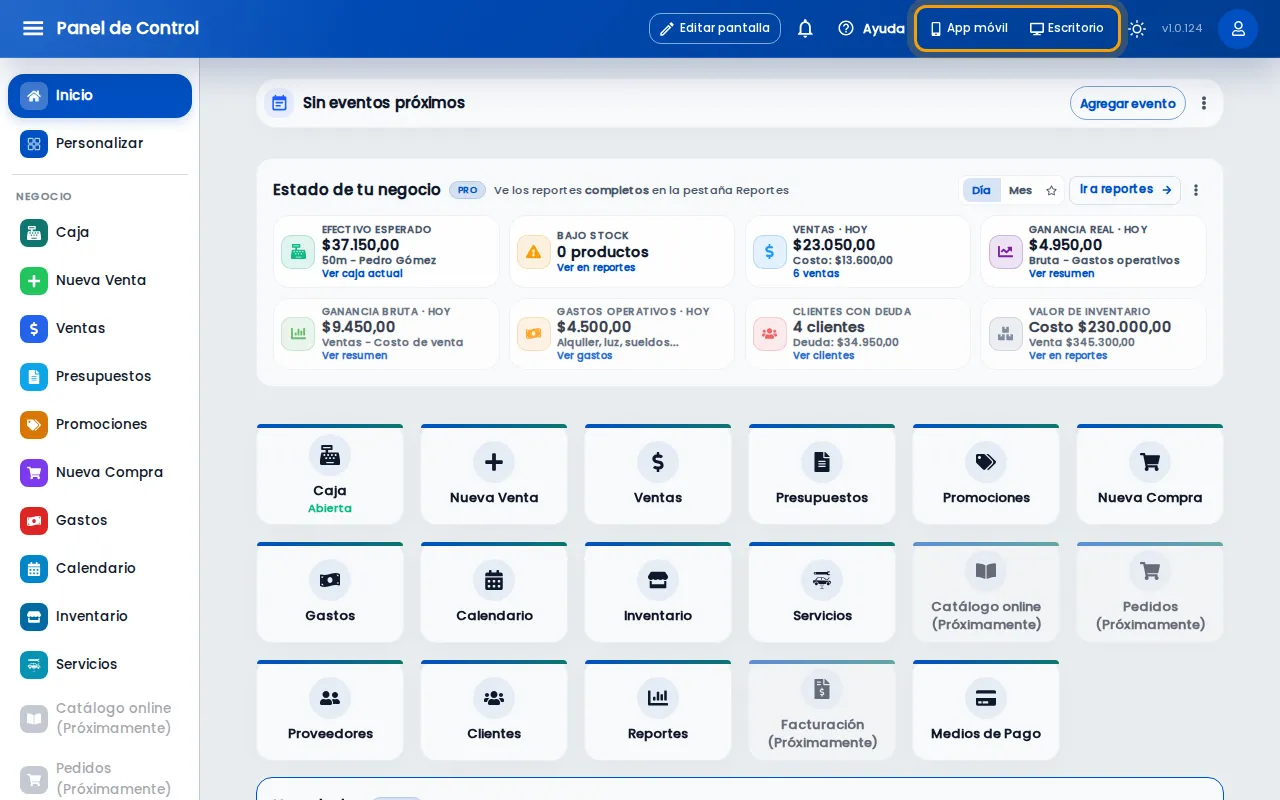 Botones App móvil y Escritorio en la barra de arriba