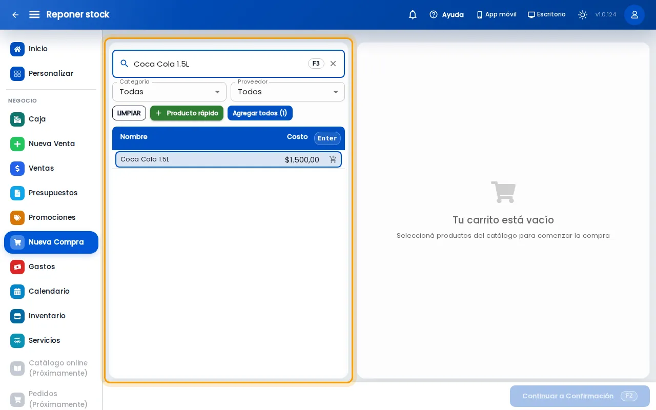 Búsqueda de un producto para reponer