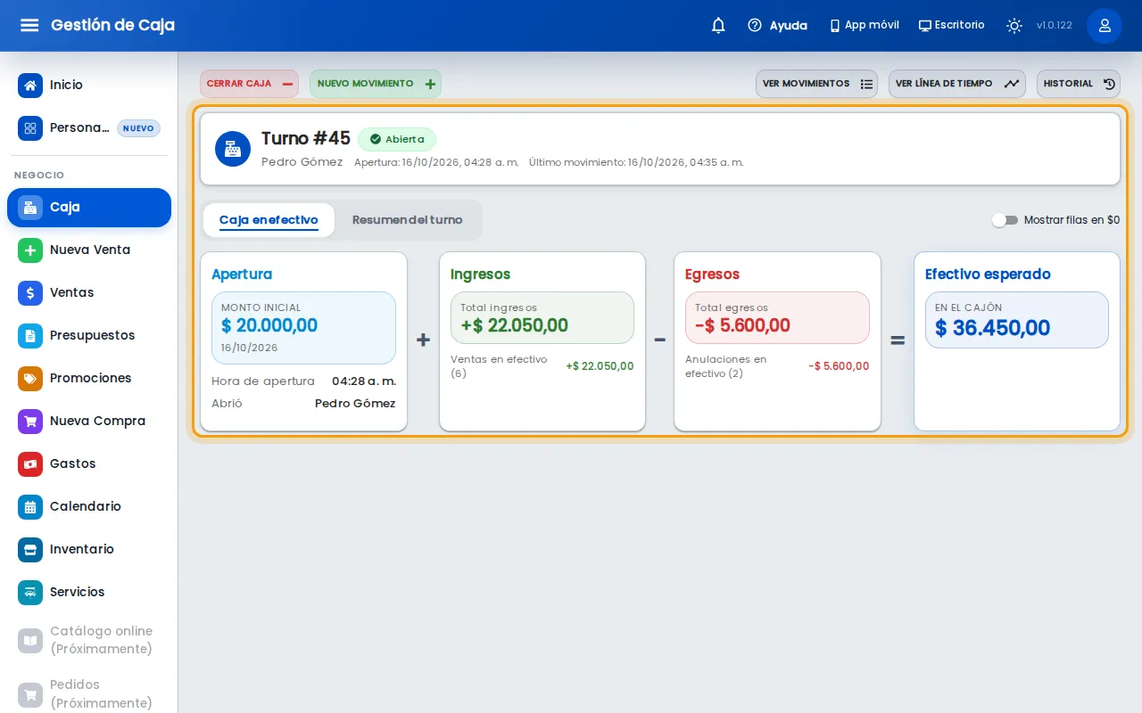 Resumen del turno abierto en la web, con el efectivo esperado a la derecha
