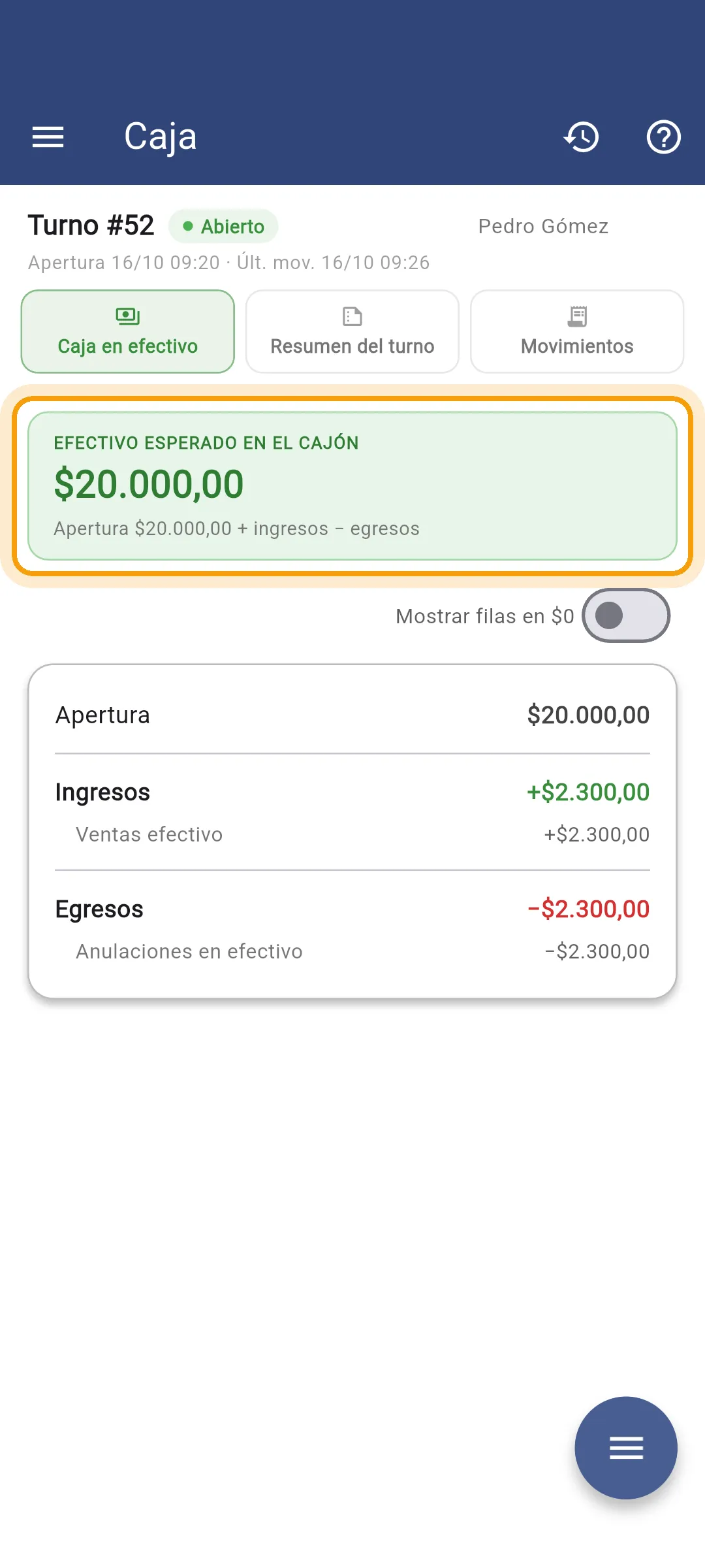 Pantalla de caja en el celular, con el efectivo esperado destacado