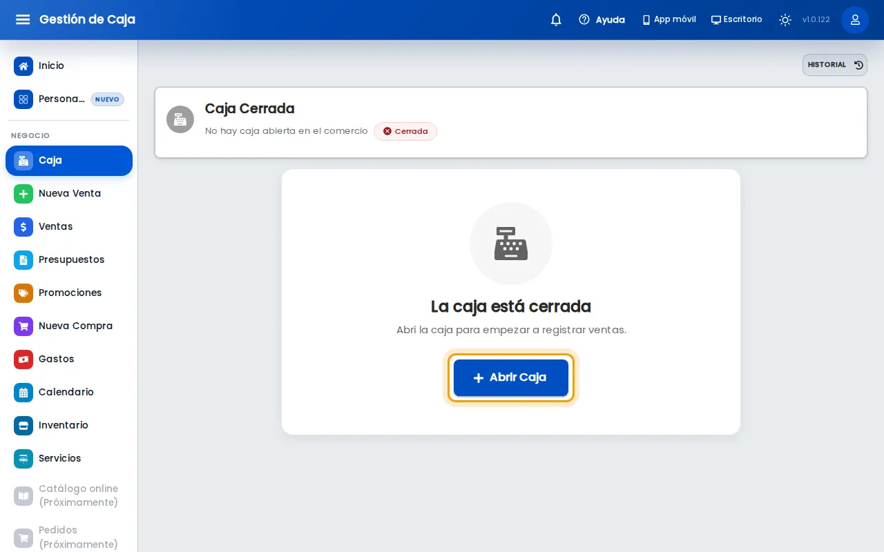 Pantalla de caja cerrada en la web