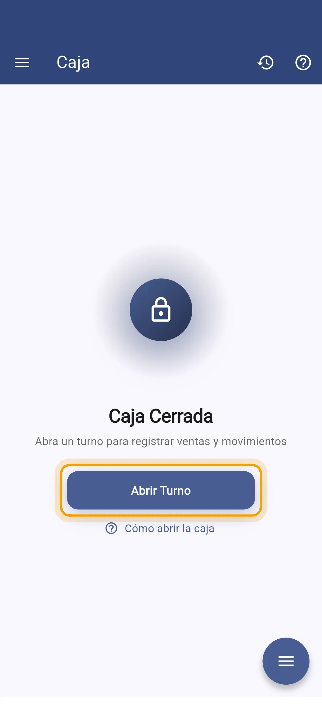 Pantalla de caja cerrada en la app