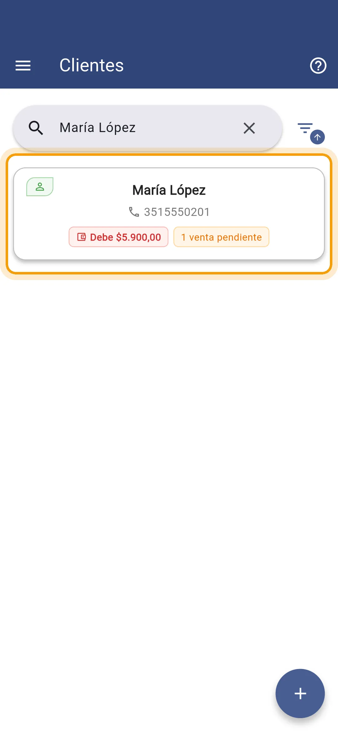 Cliente en la lista con su deuda