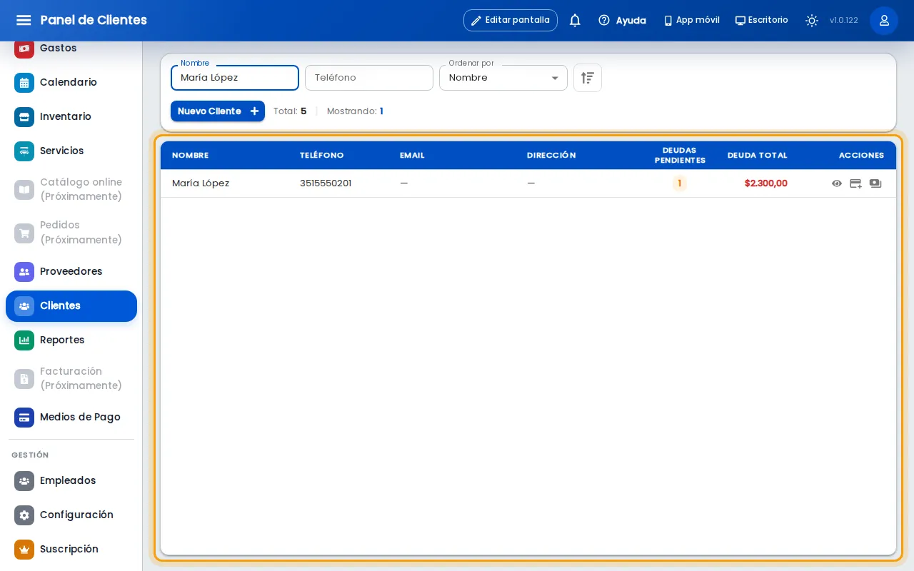 Cliente en la lista con su deuda total