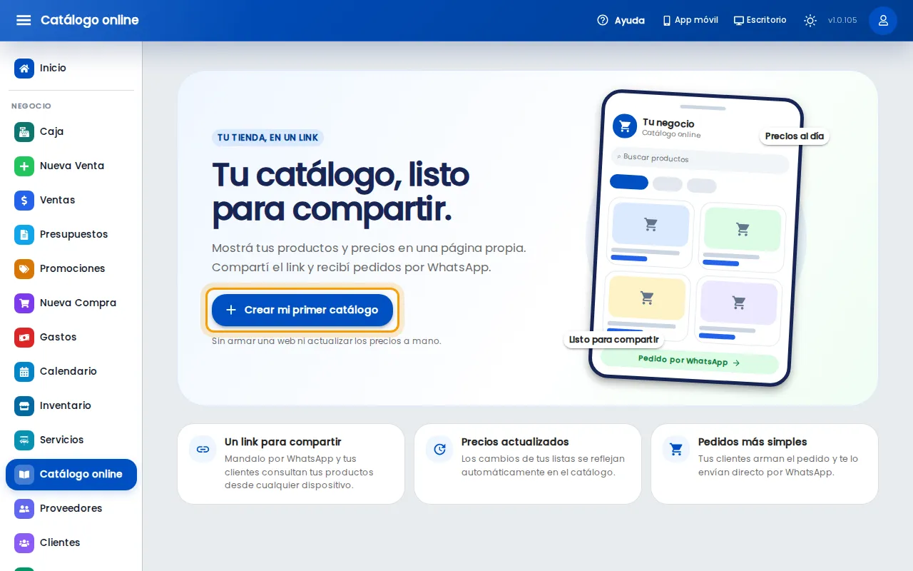 Pantalla Catálogo online con el botón Crear mi primer catálogo