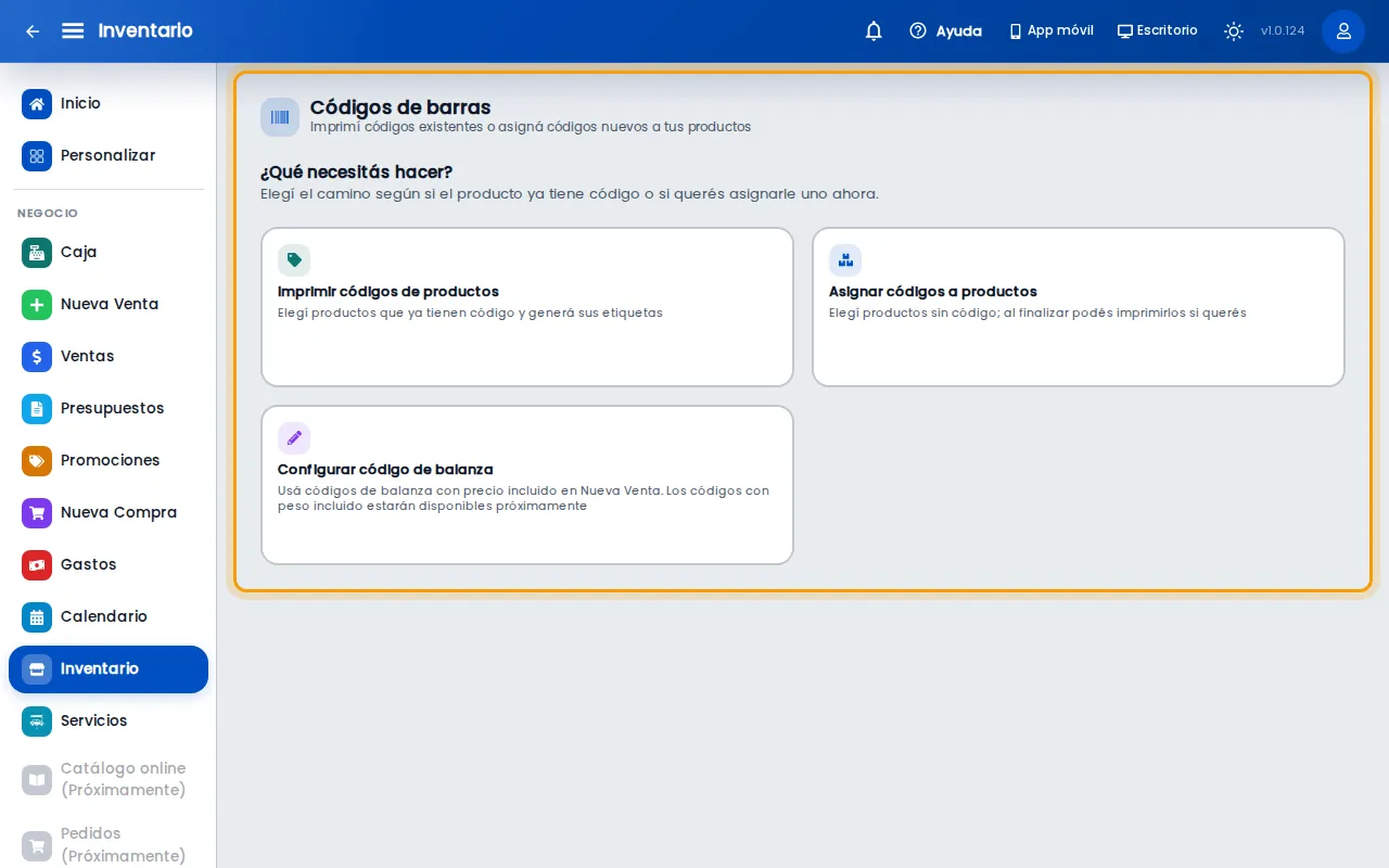 Pantalla Códigos de barras con las opciones para imprimir o asignar códigos