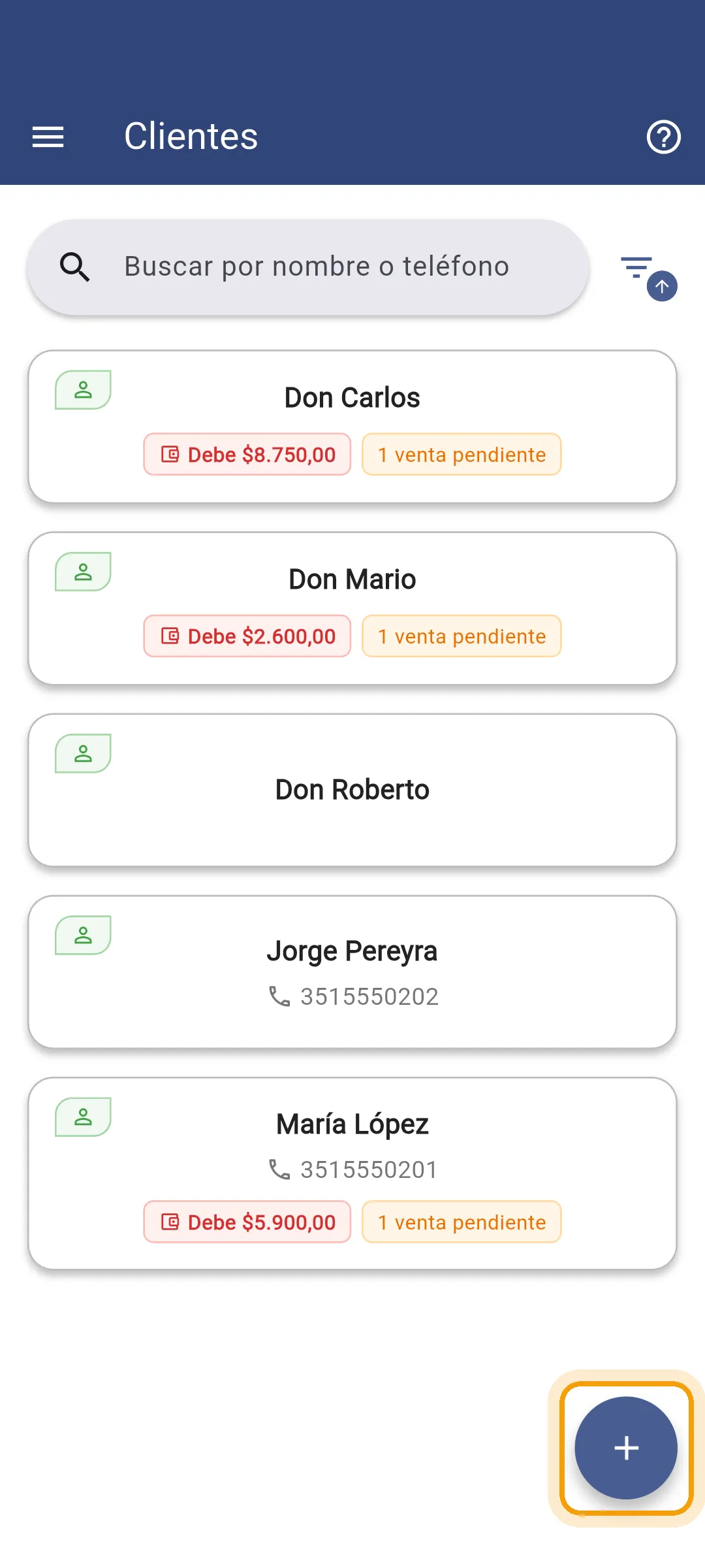 Lista de clientes con el botón para agregar uno nuevo