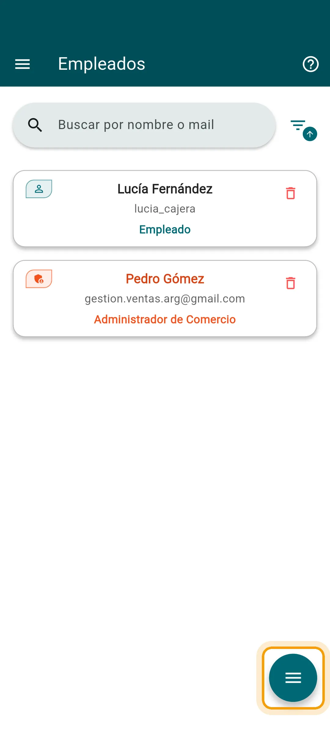 Lista de empleados con el botón de acciones