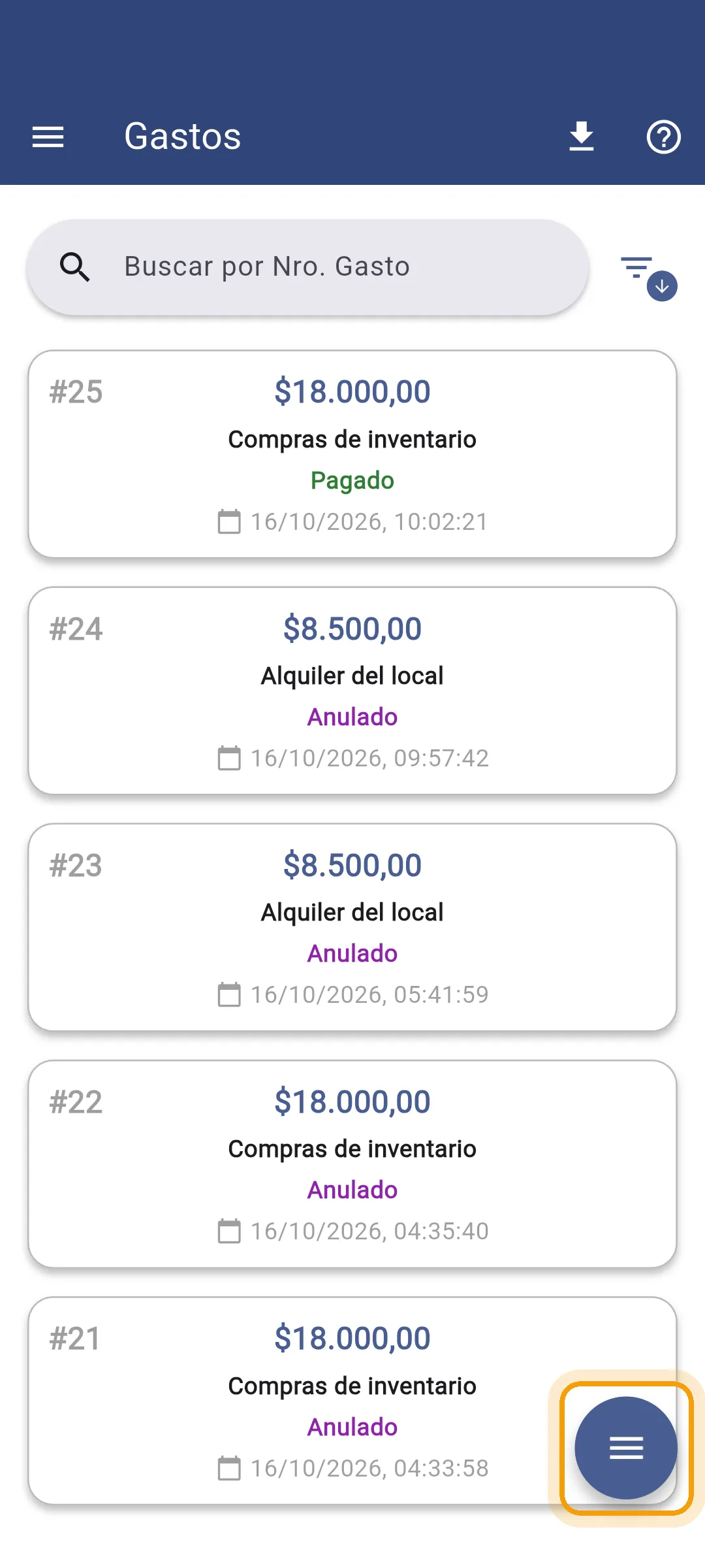 Lista de gastos con el botón de acciones