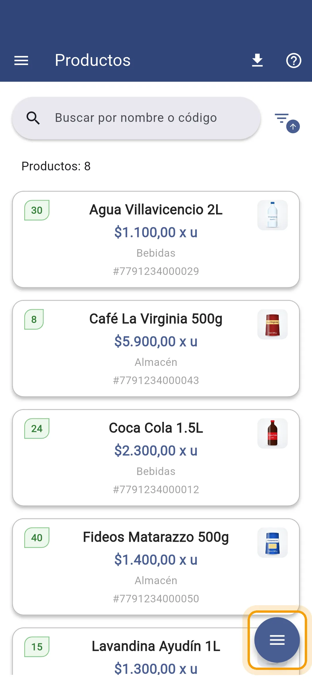 Lista de productos con el botón de acciones