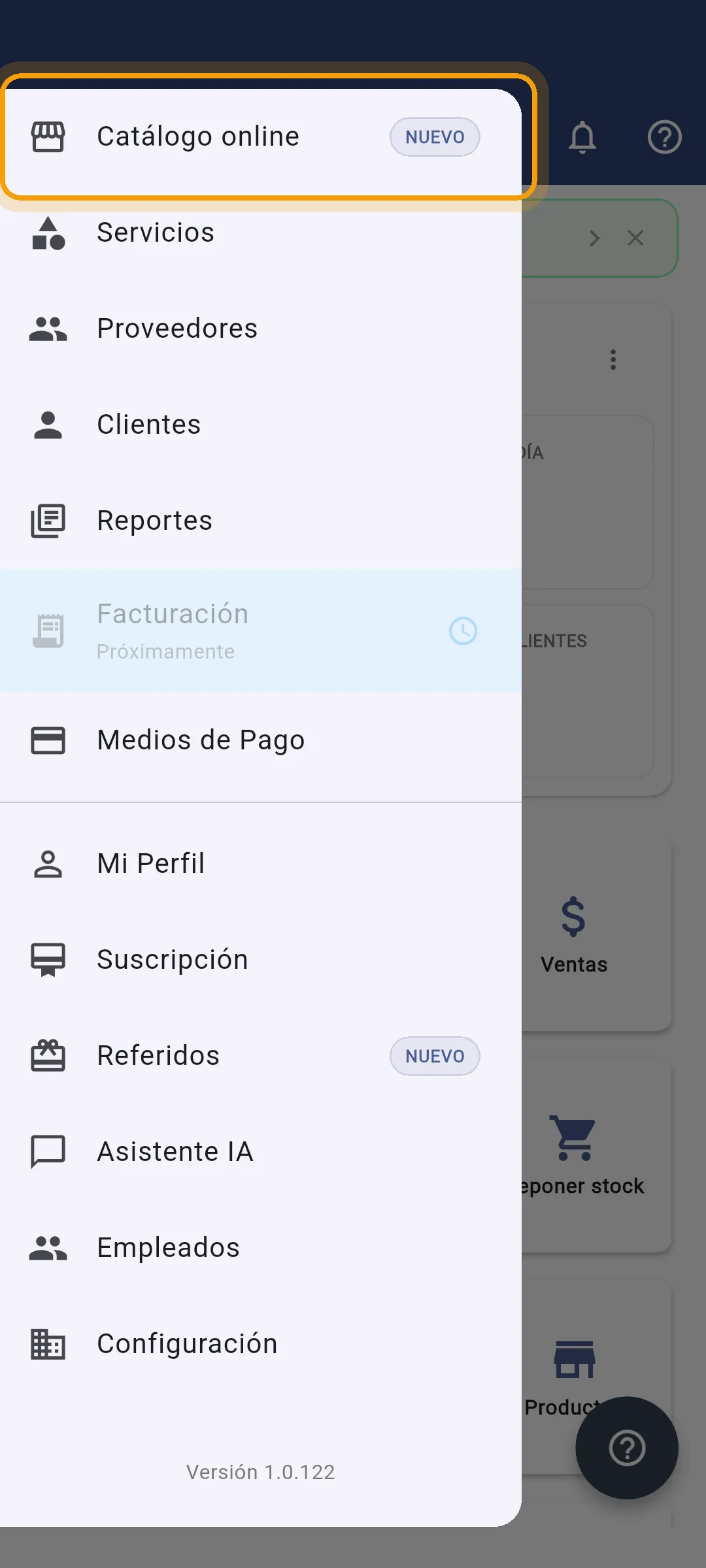 Menú lateral con Catálogo online