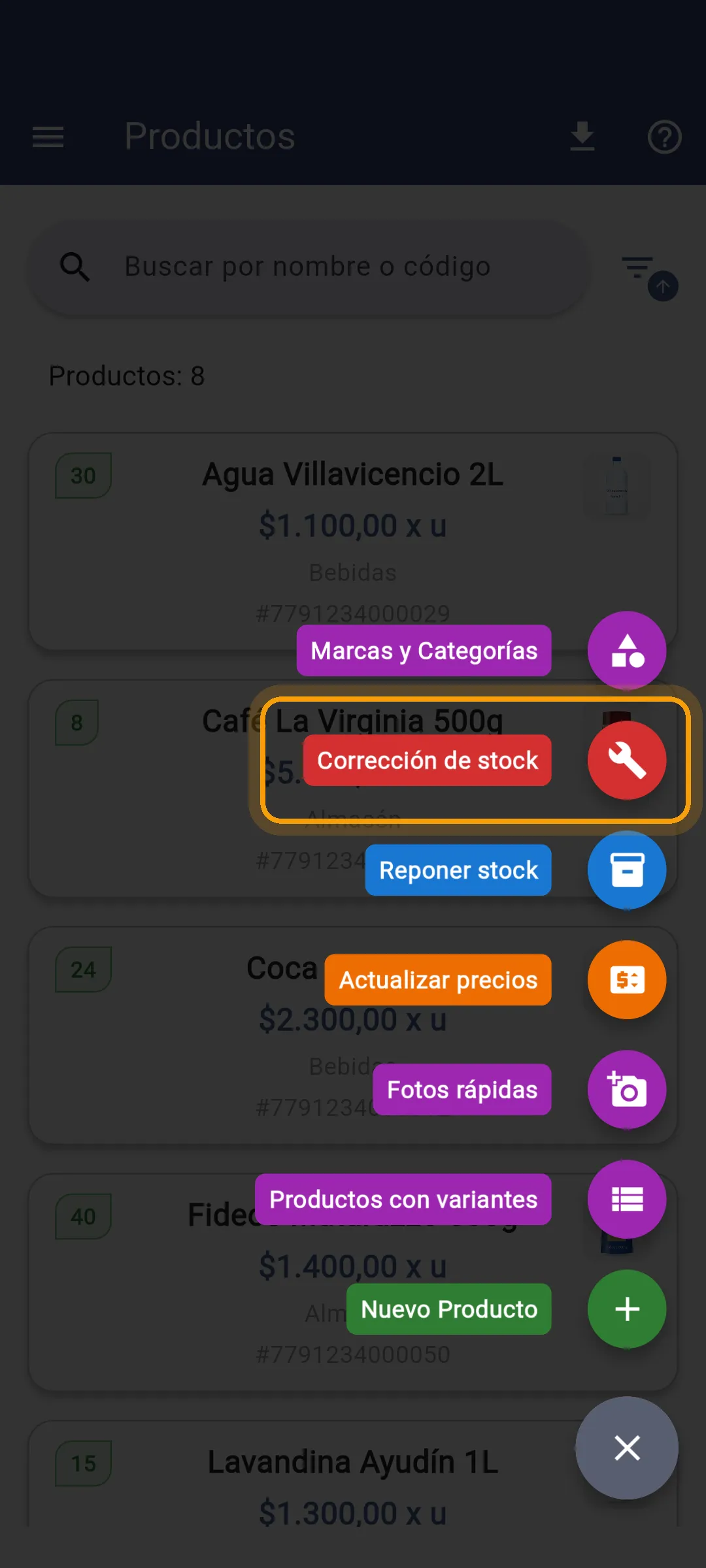 Menú de acciones con Corrección de stock