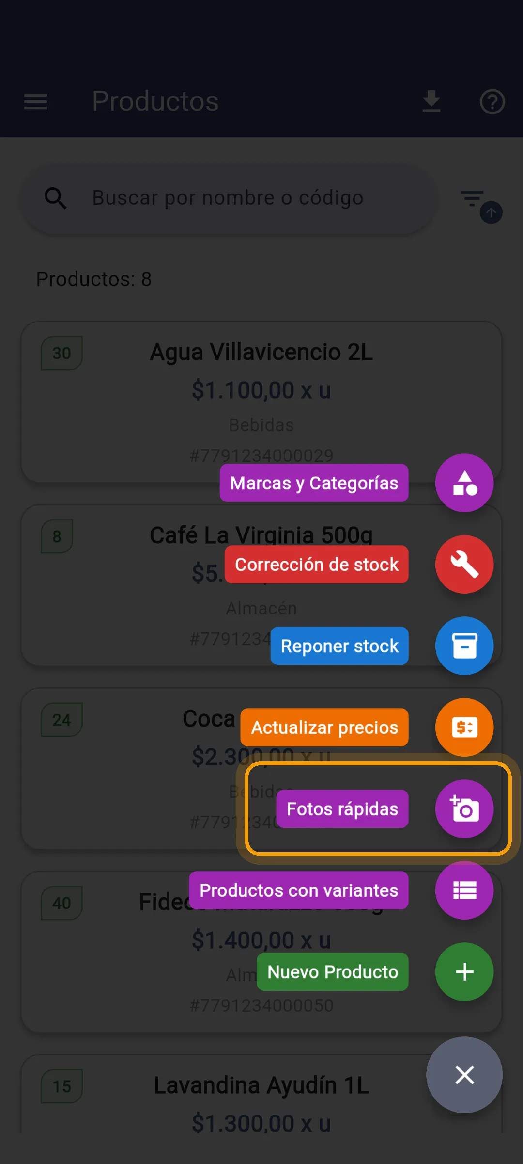 Menú de productos con Fotos rápidas