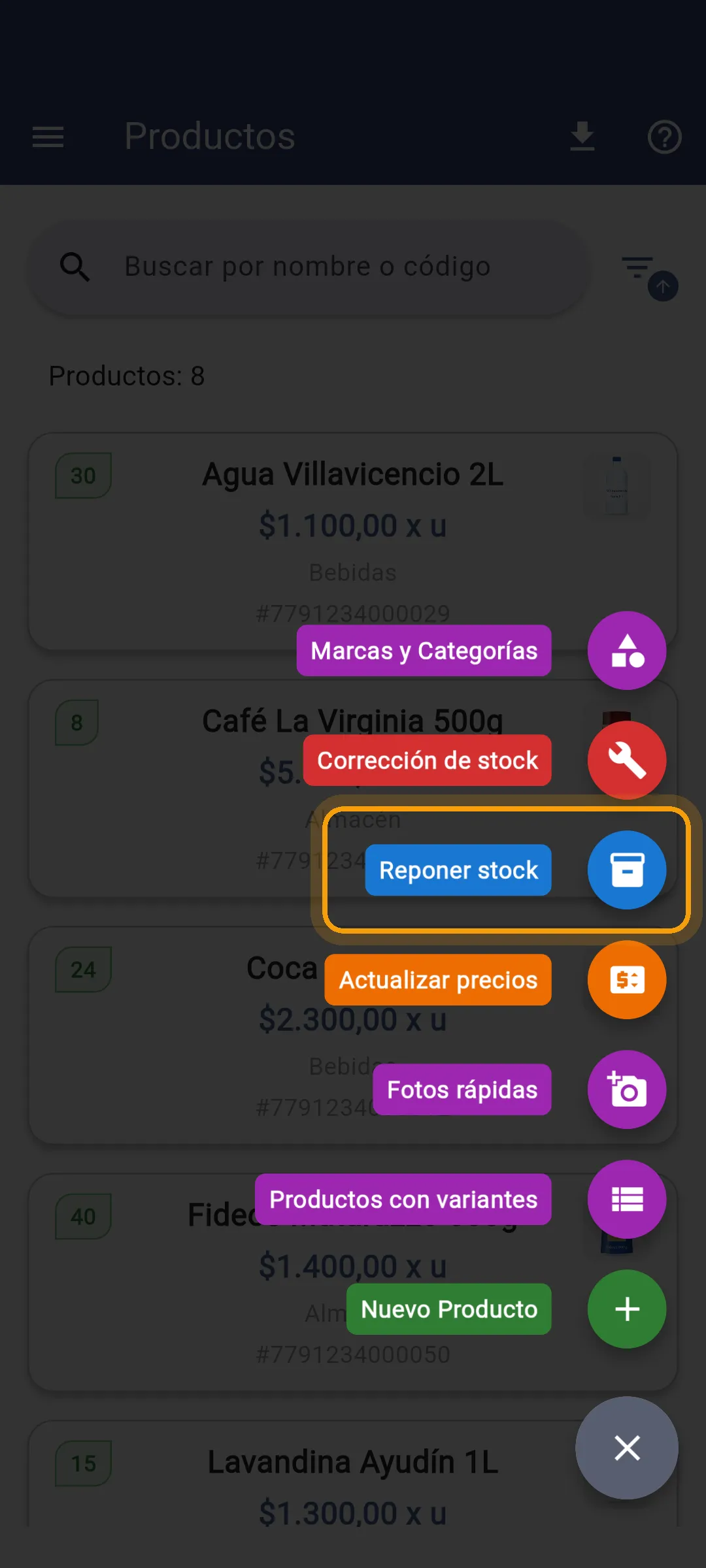 Menú de acciones de Productos con la opción Reponer stock