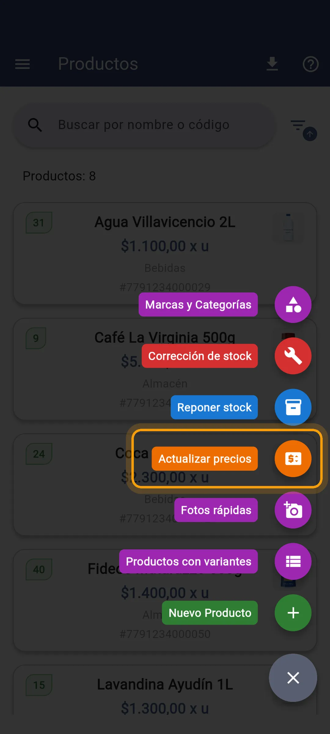 Menú de acciones con Actualizar precios