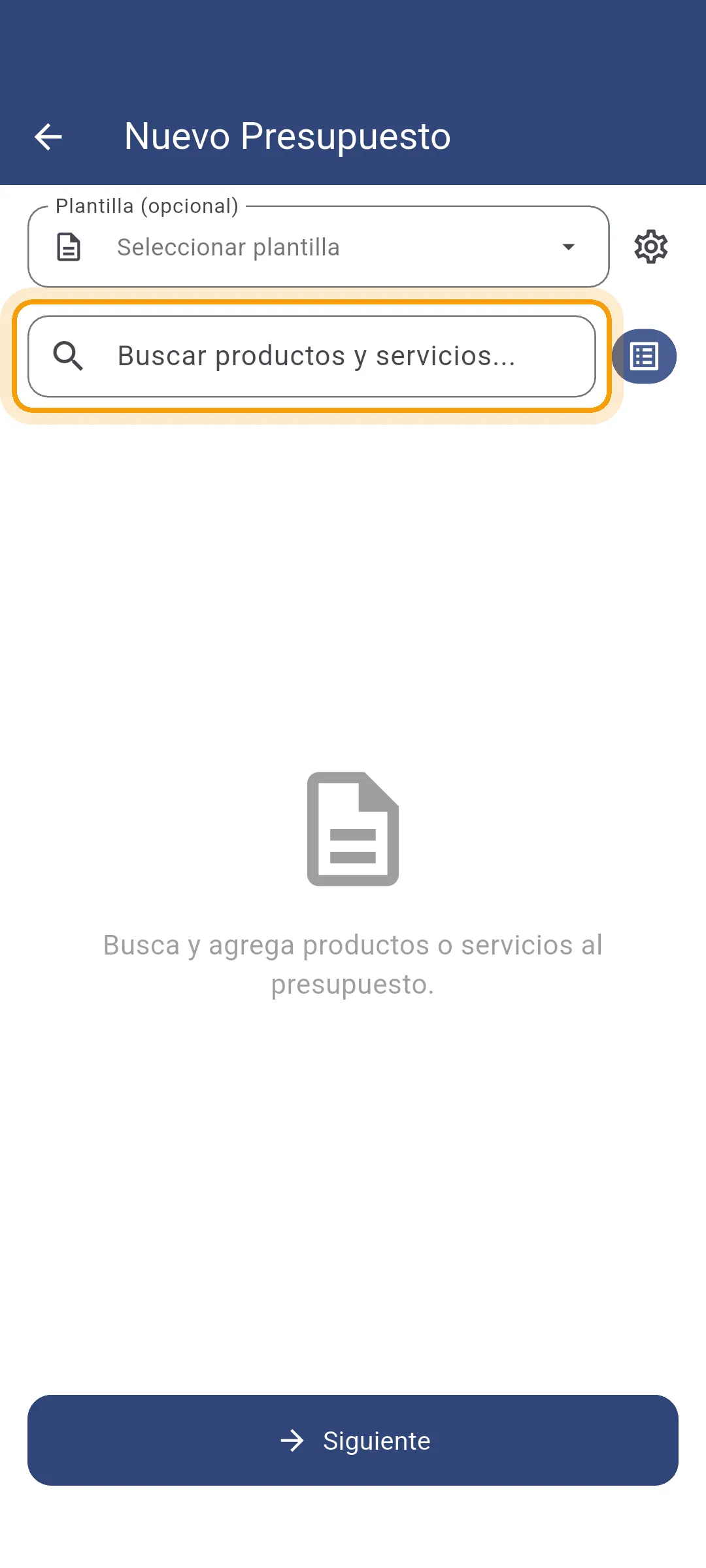 Pantalla de nuevo presupuesto en la app
