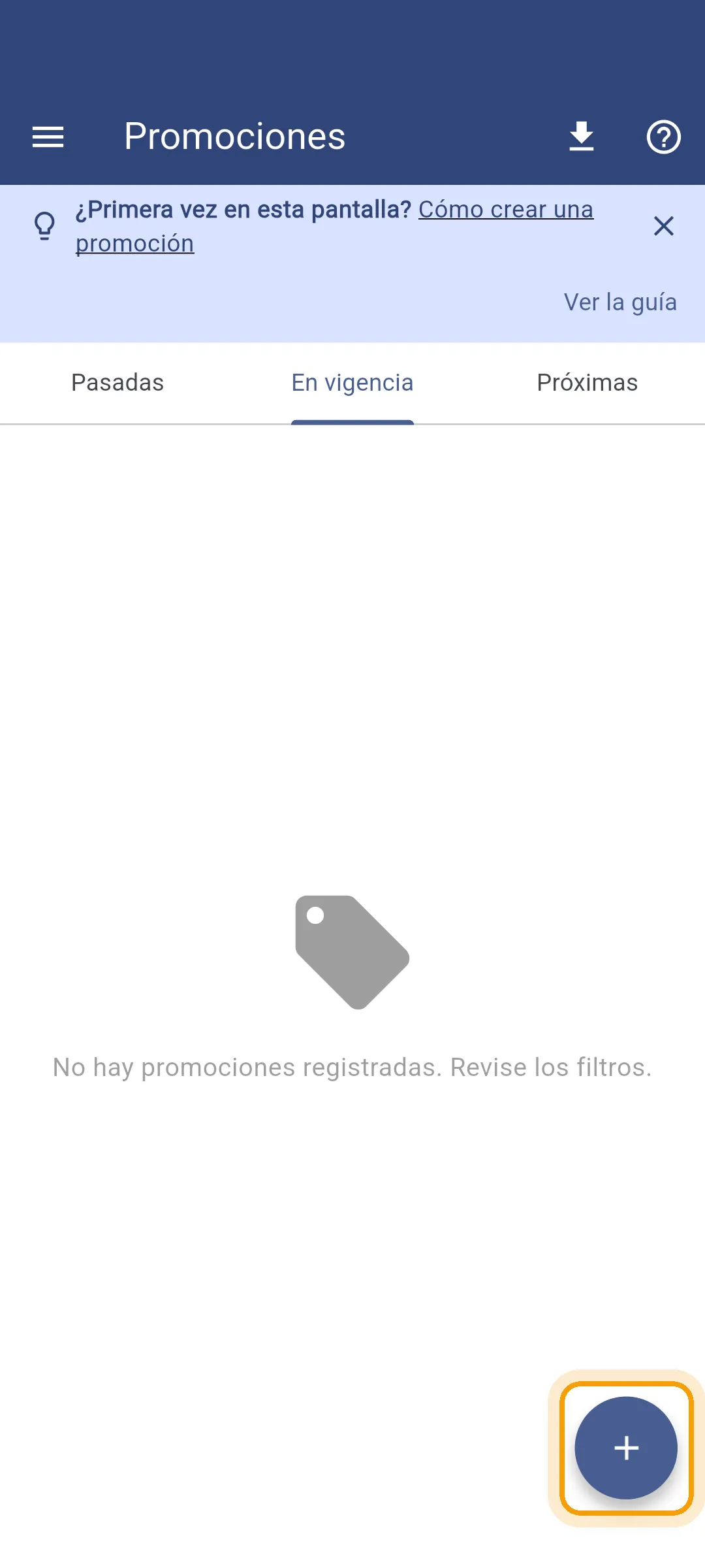 Lista de promociones con el botón para crear una nueva