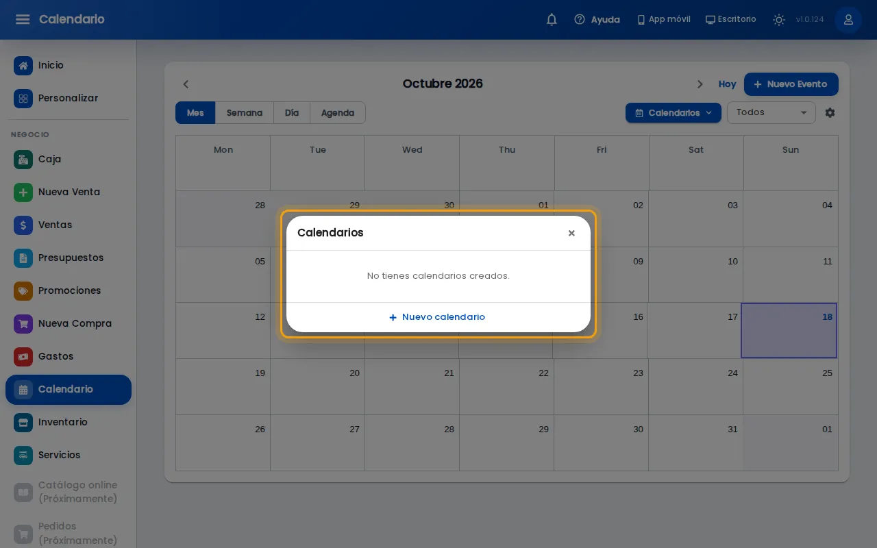 Ventana Calendarios sin calendarios creados
