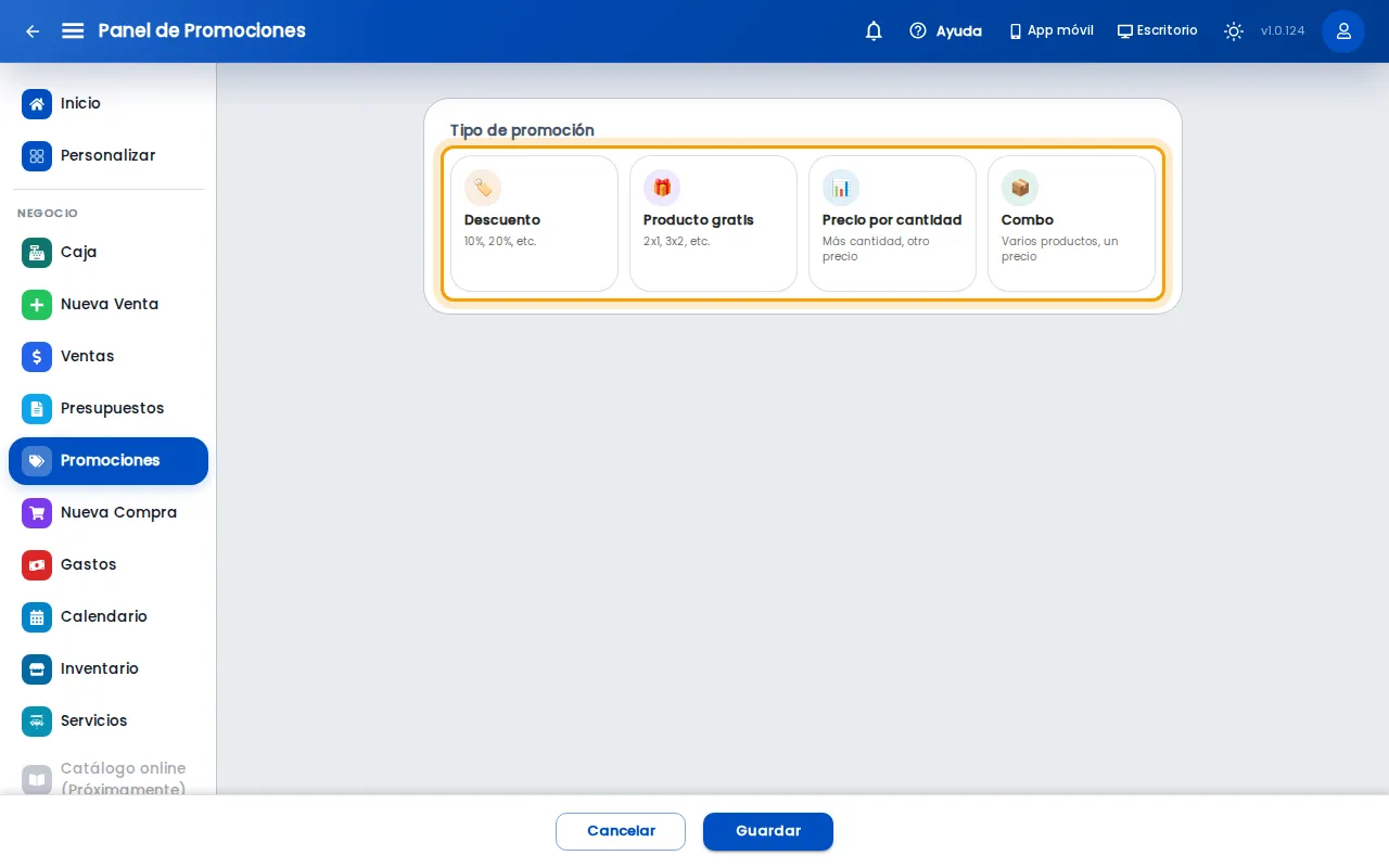 Tipos de promoción disponibles