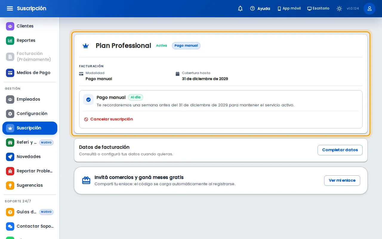 Recuadro del plan con la modalidad de pago y la cobertura
