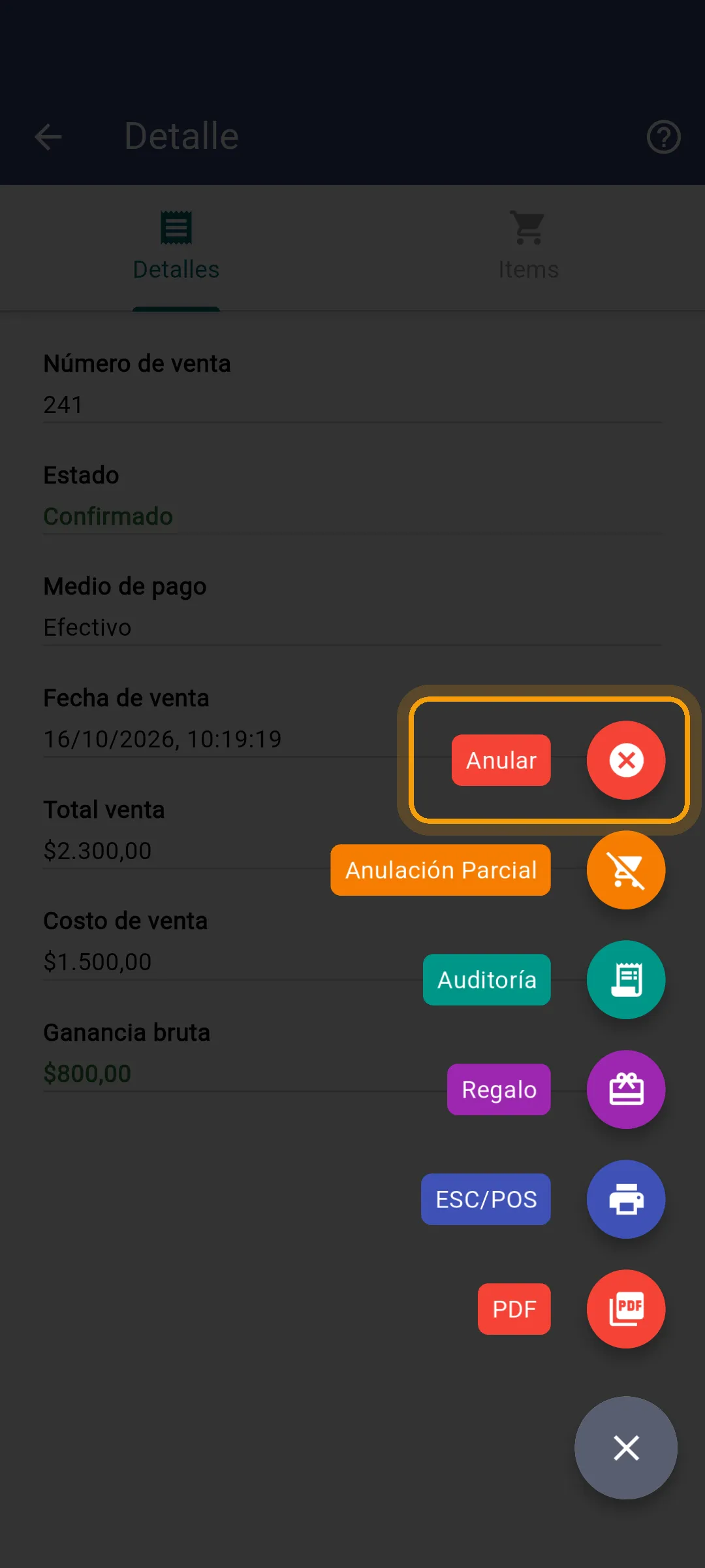 Botón Anular en el detalle de la venta de la app