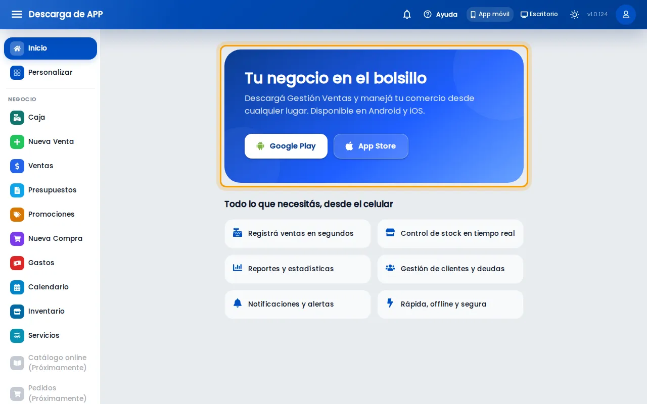 Pantalla de descarga con los botones Google Play y App Store