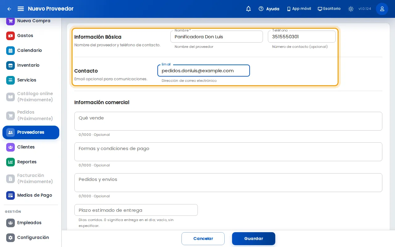 Nombre, teléfono y email del proveedor nuevo