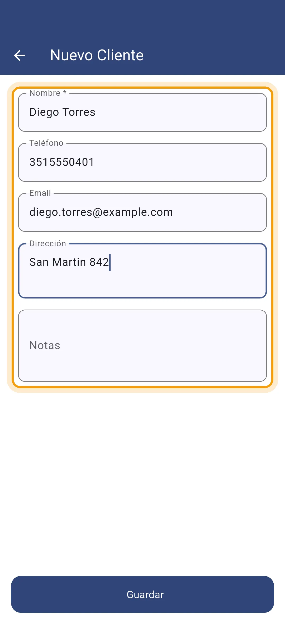 Formulario de cliente nuevo con los datos cargados en la app