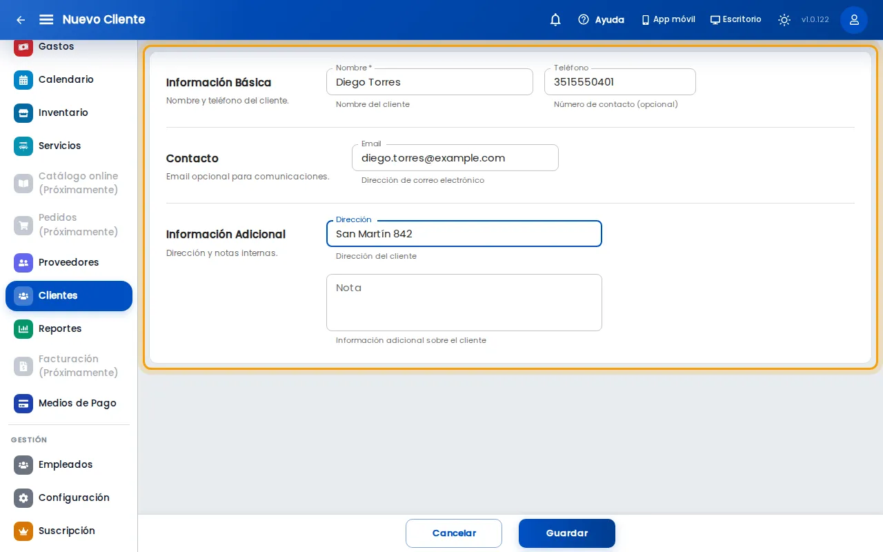Formulario de cliente nuevo con los datos cargados
