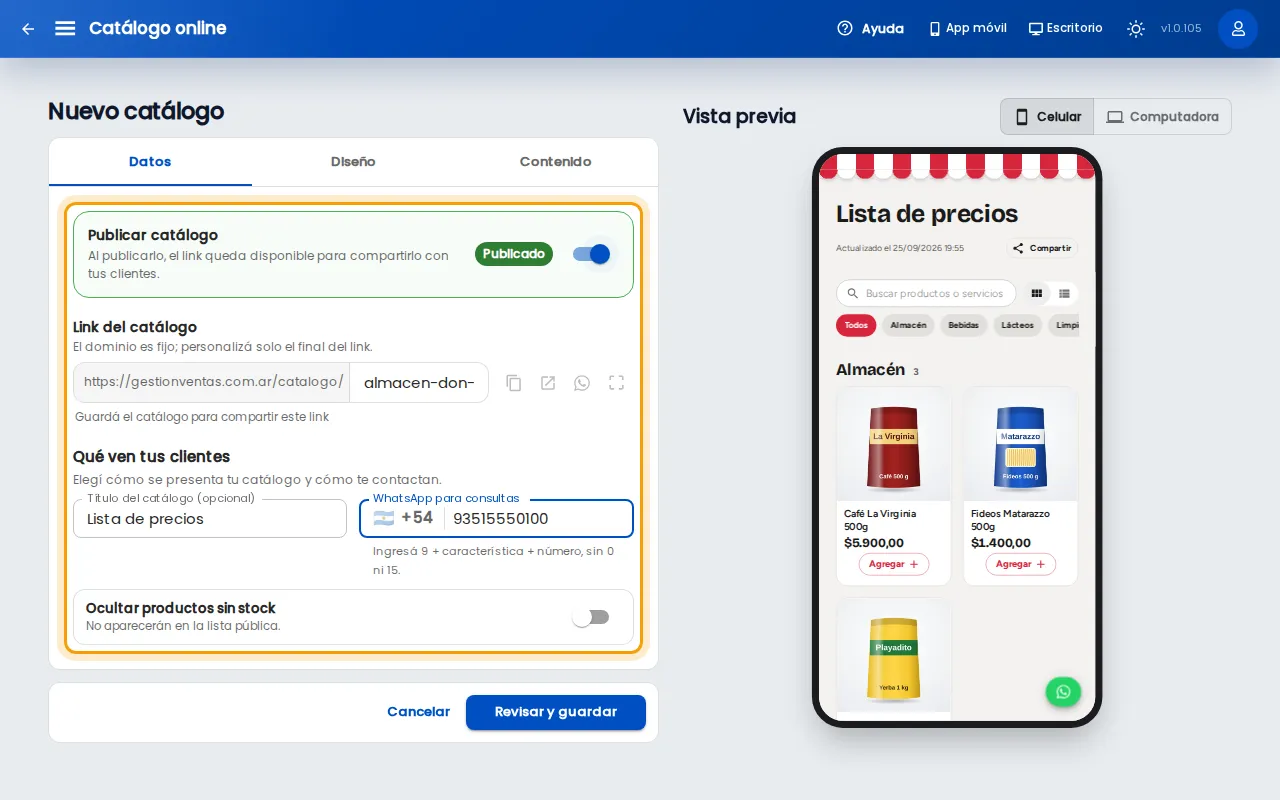 Pestaña Datos con Publicar catálogo, el link, el título y el WhatsApp