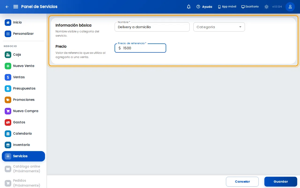 Formulario del servicio Delivery a domicilio con precio de referencia