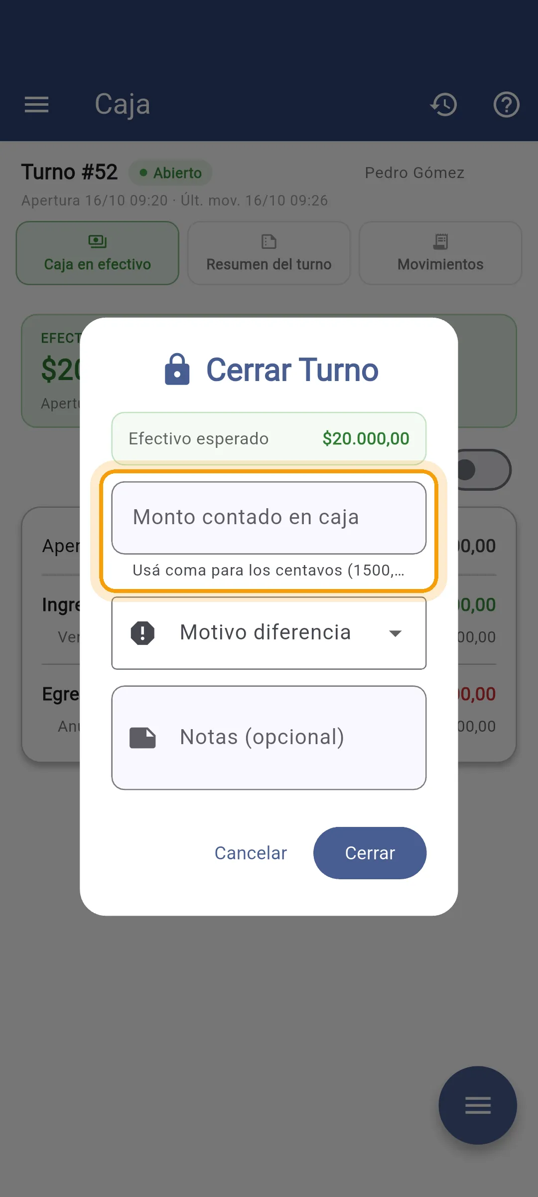 Diálogo de cierre de turno en el celular