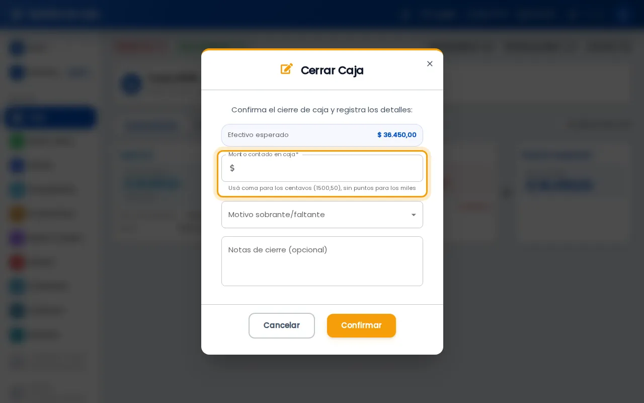 Diálogo de cierre de caja en la web