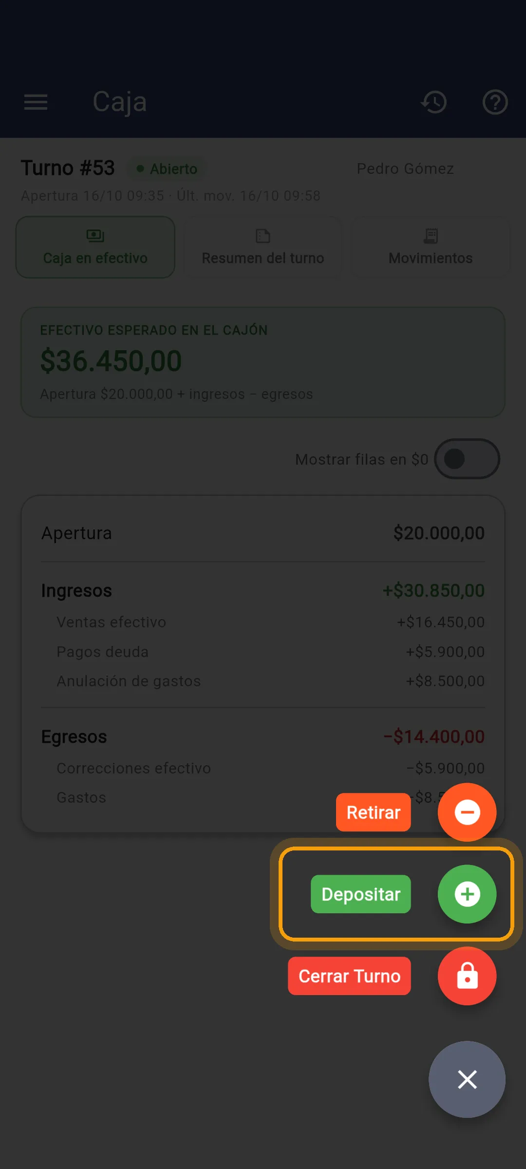 Opciones Depositar y Retirar en el celular