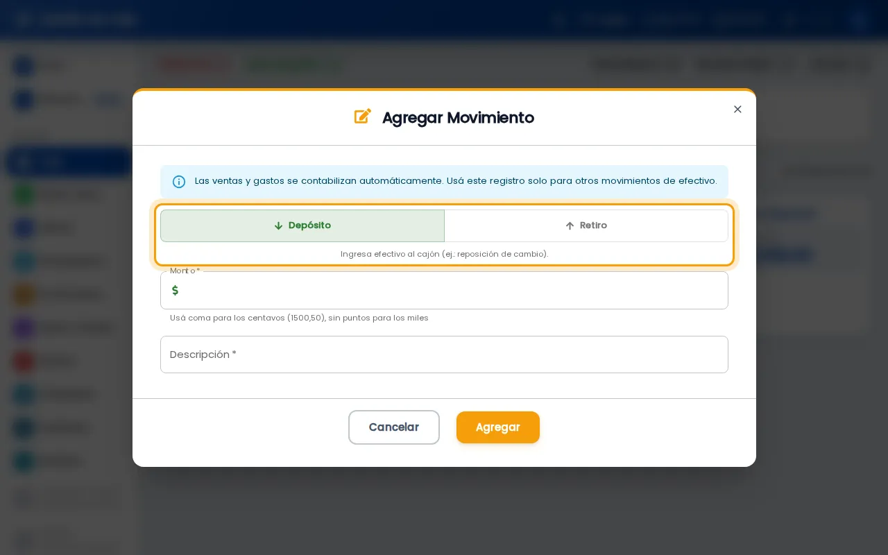 Selector de tipo de movimiento: Depósito o Retiro