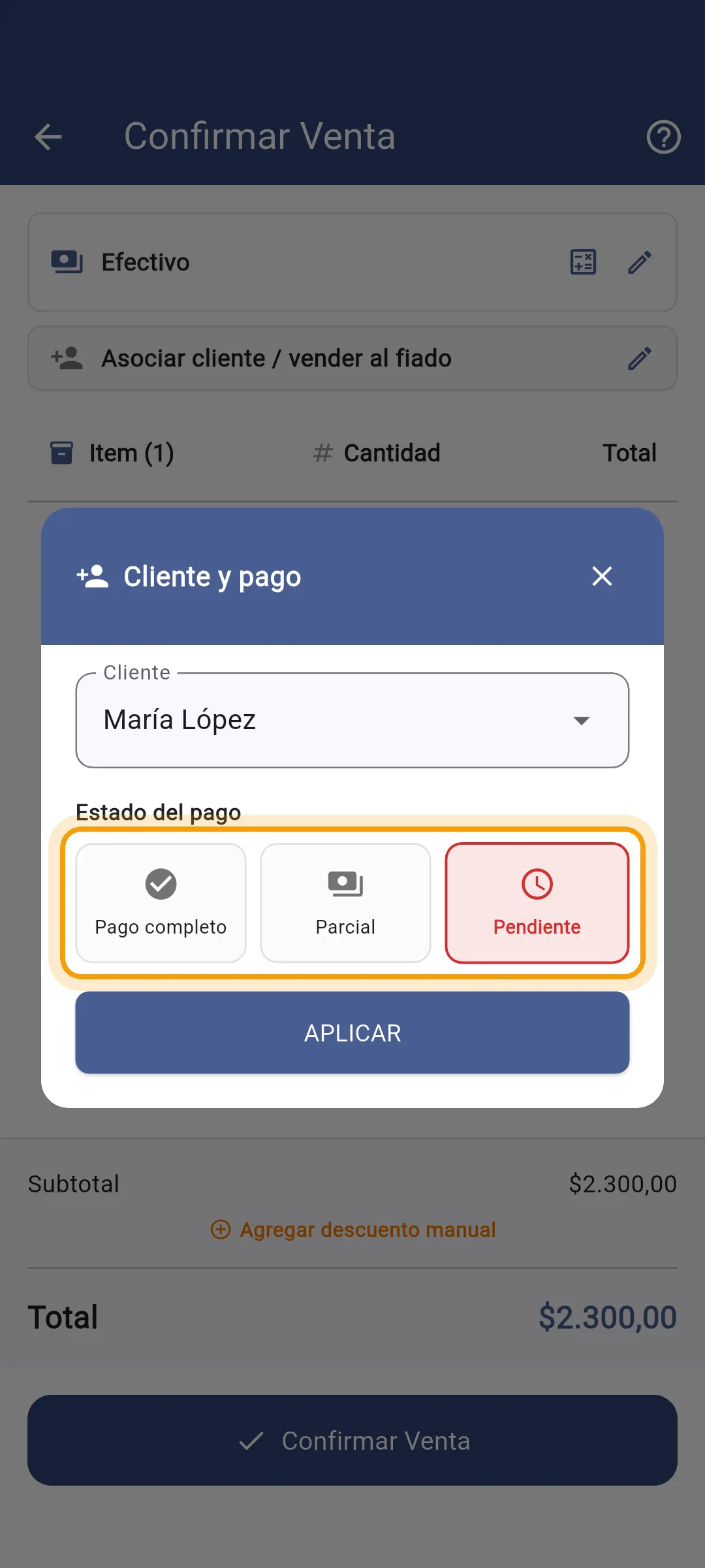 Estado del pago en la app