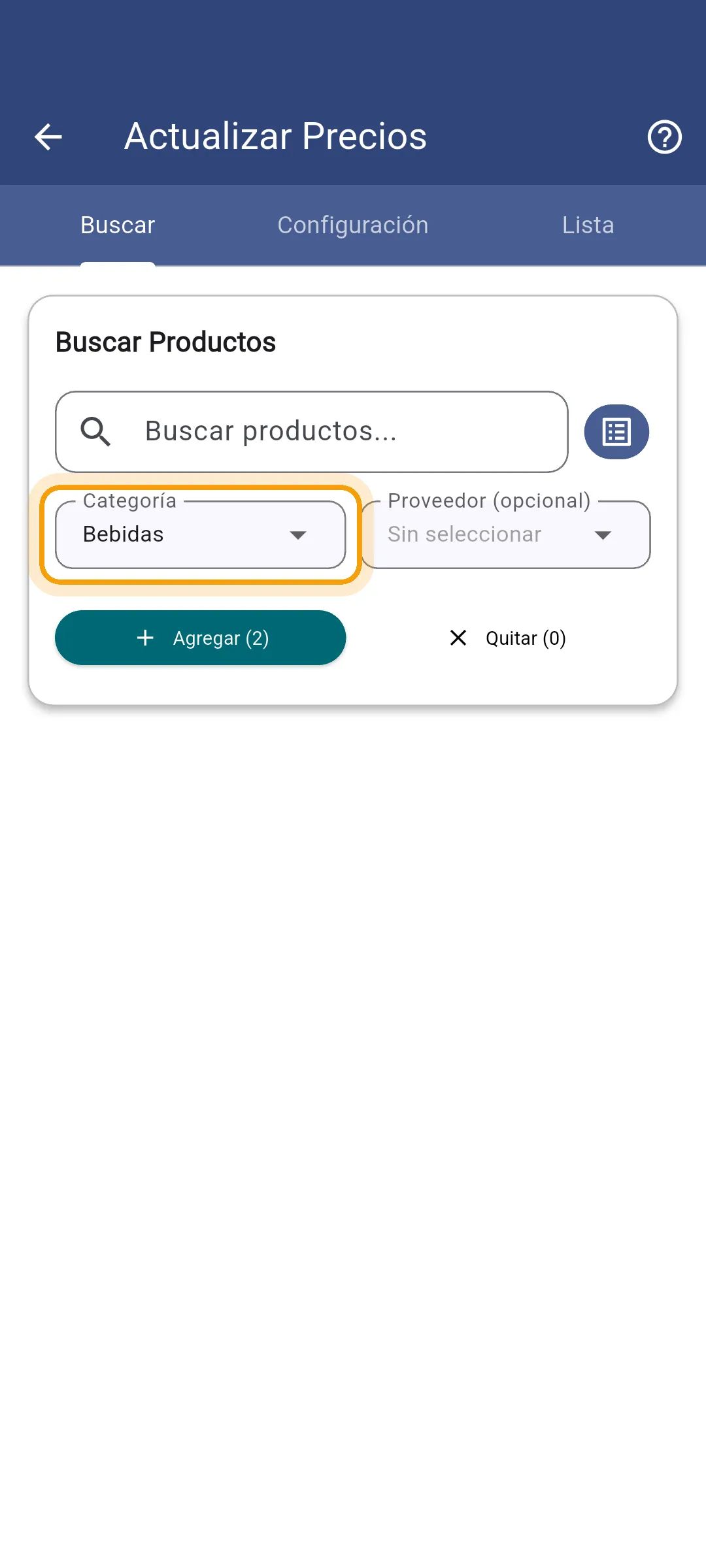 Categoría Bebidas elegida en la app