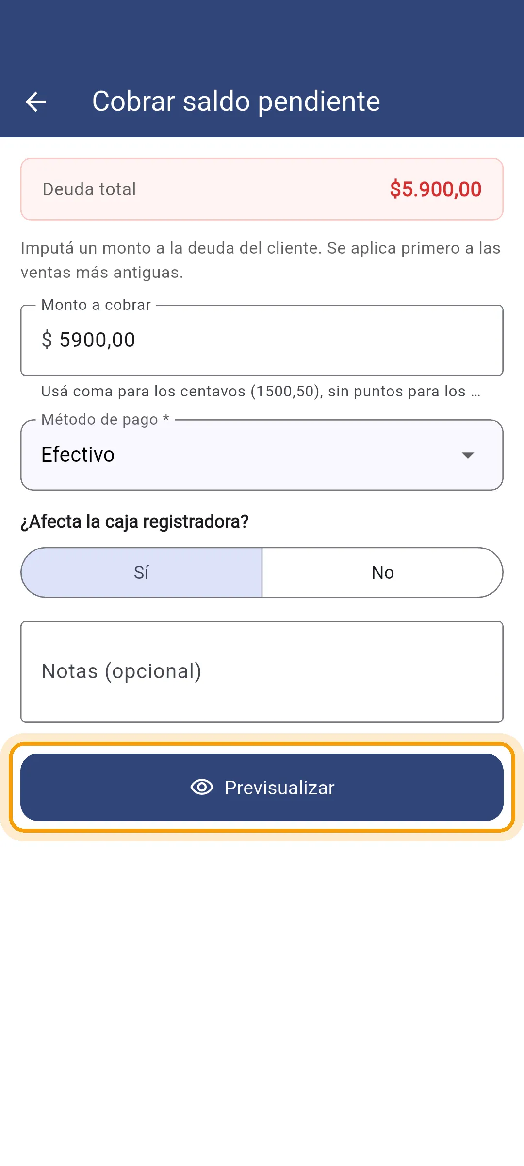 Formulario de cobro con el monto y el medio de pago cargados