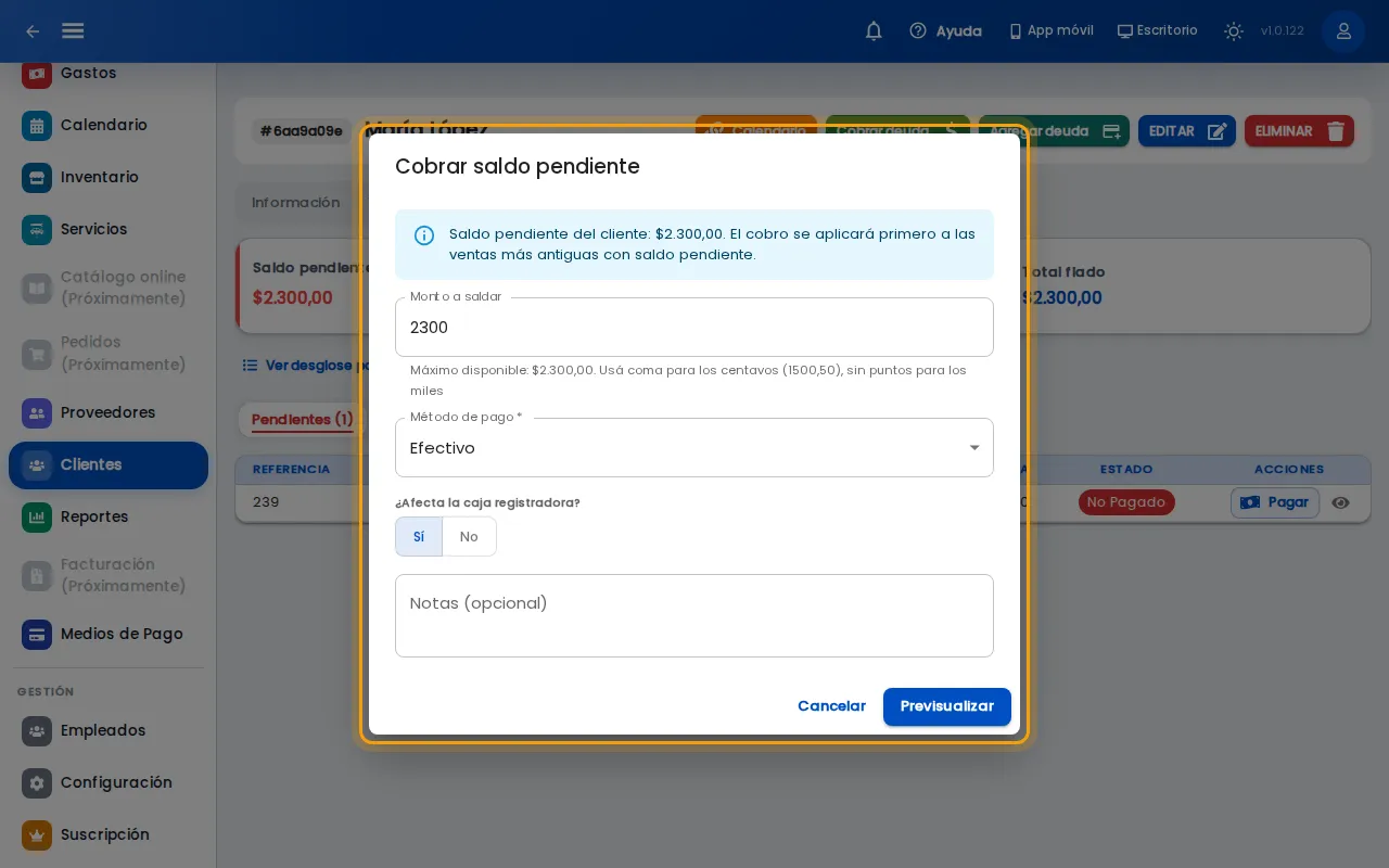 Formulario de cobro con el monto y el medio de pago cargados