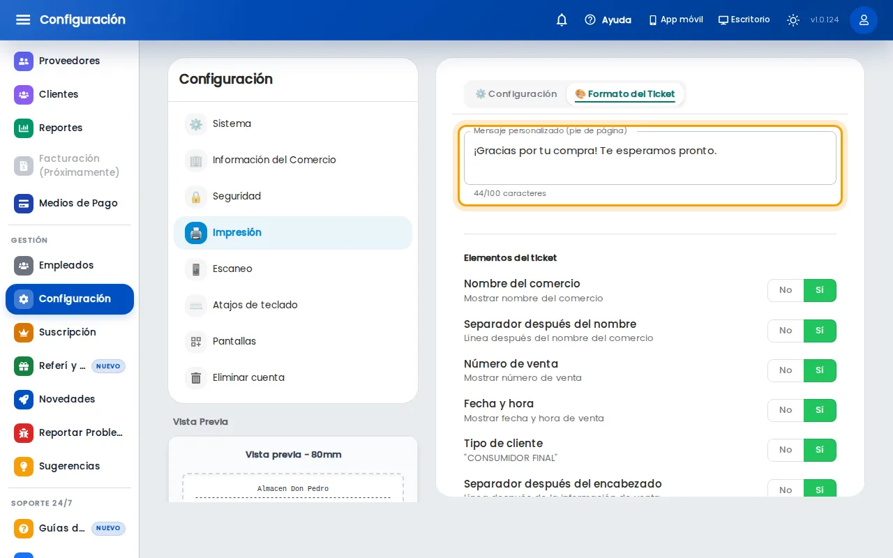 Mensaje personalizado del pie del ticket