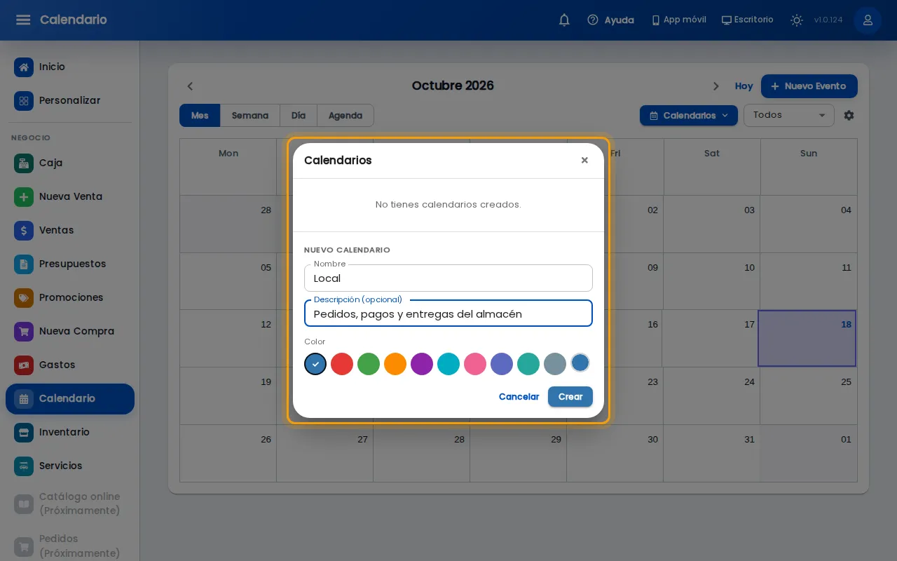 Formulario del calendario nuevo con nombre, descripción y color