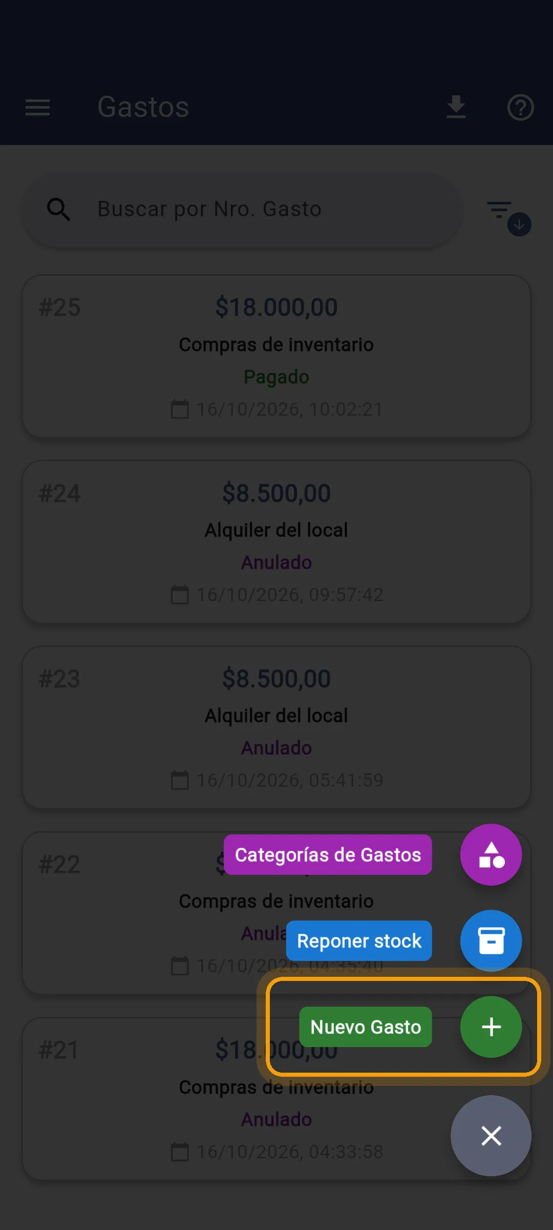 Menú de acciones con Nuevo Gasto