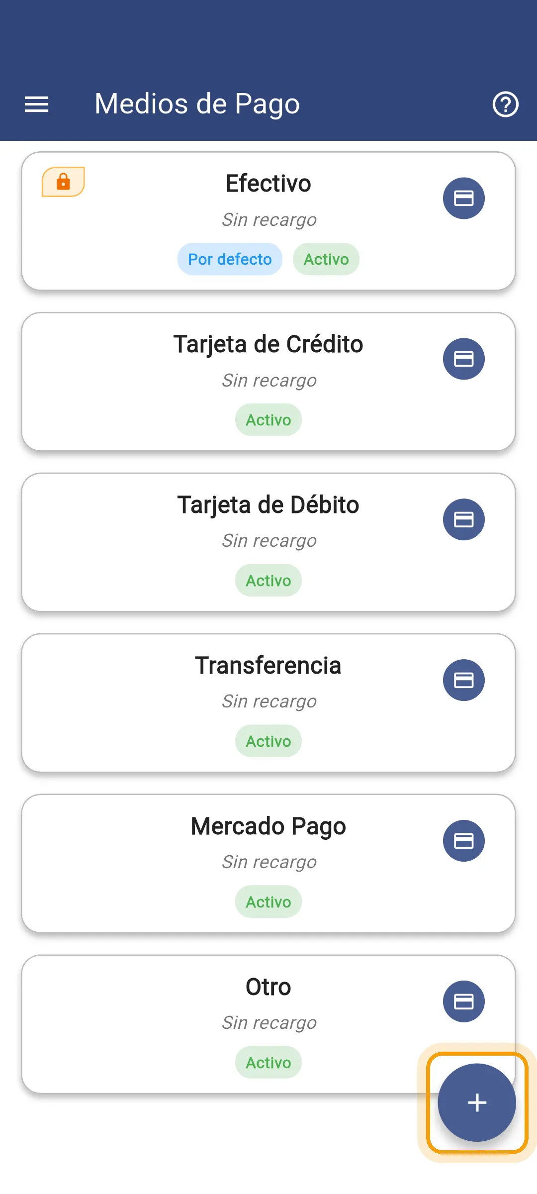 Botón para crear un nuevo medio de pago en la app