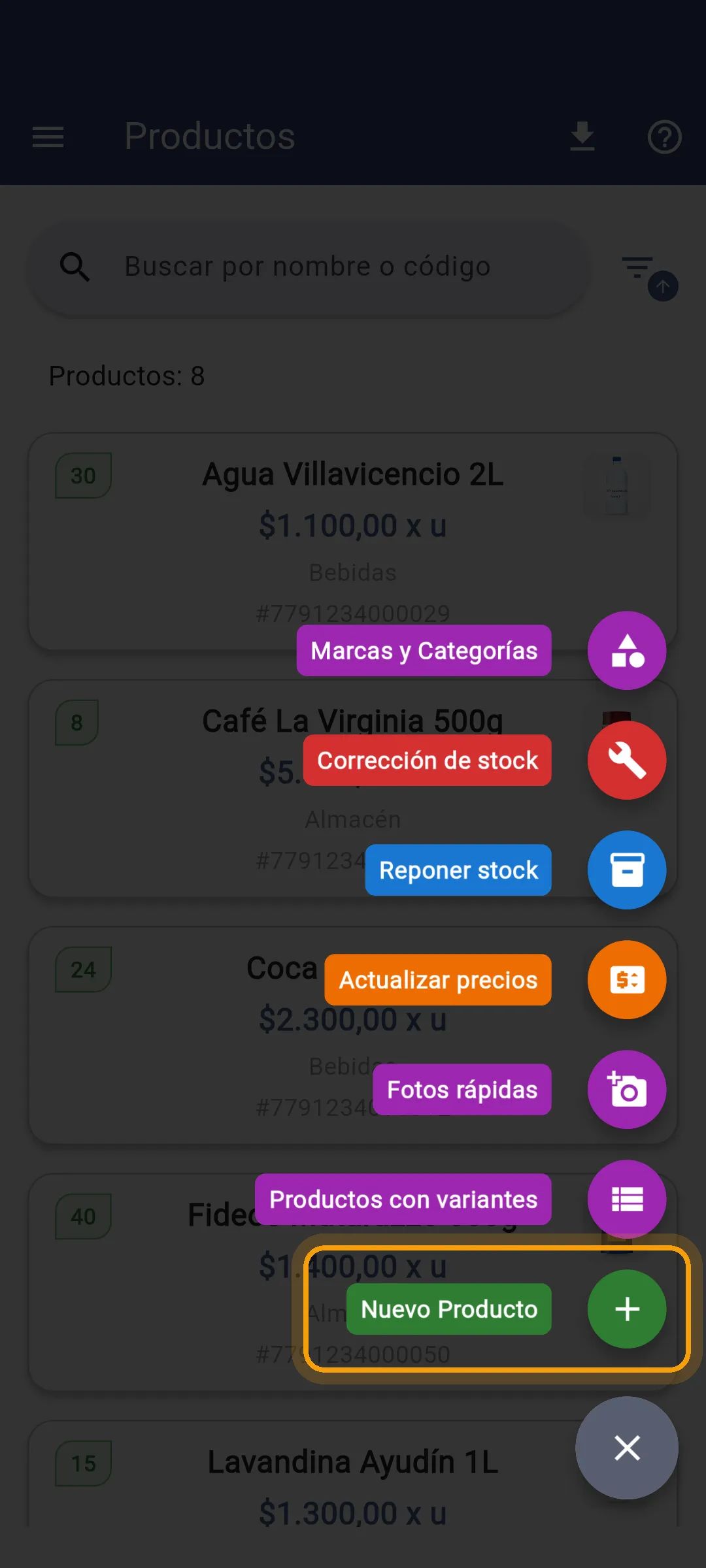 Menú de acciones con Nuevo Producto