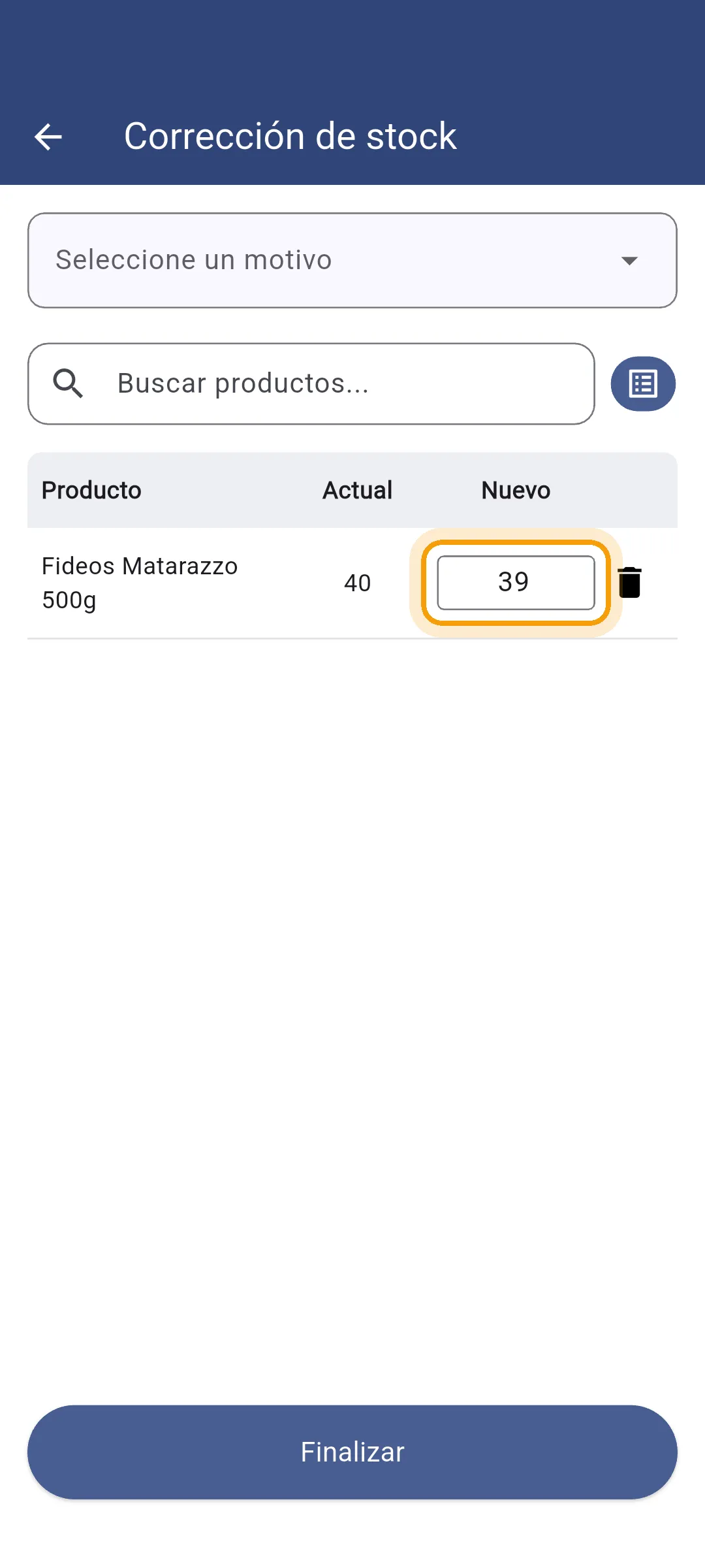 Stock nuevo cargado en la app