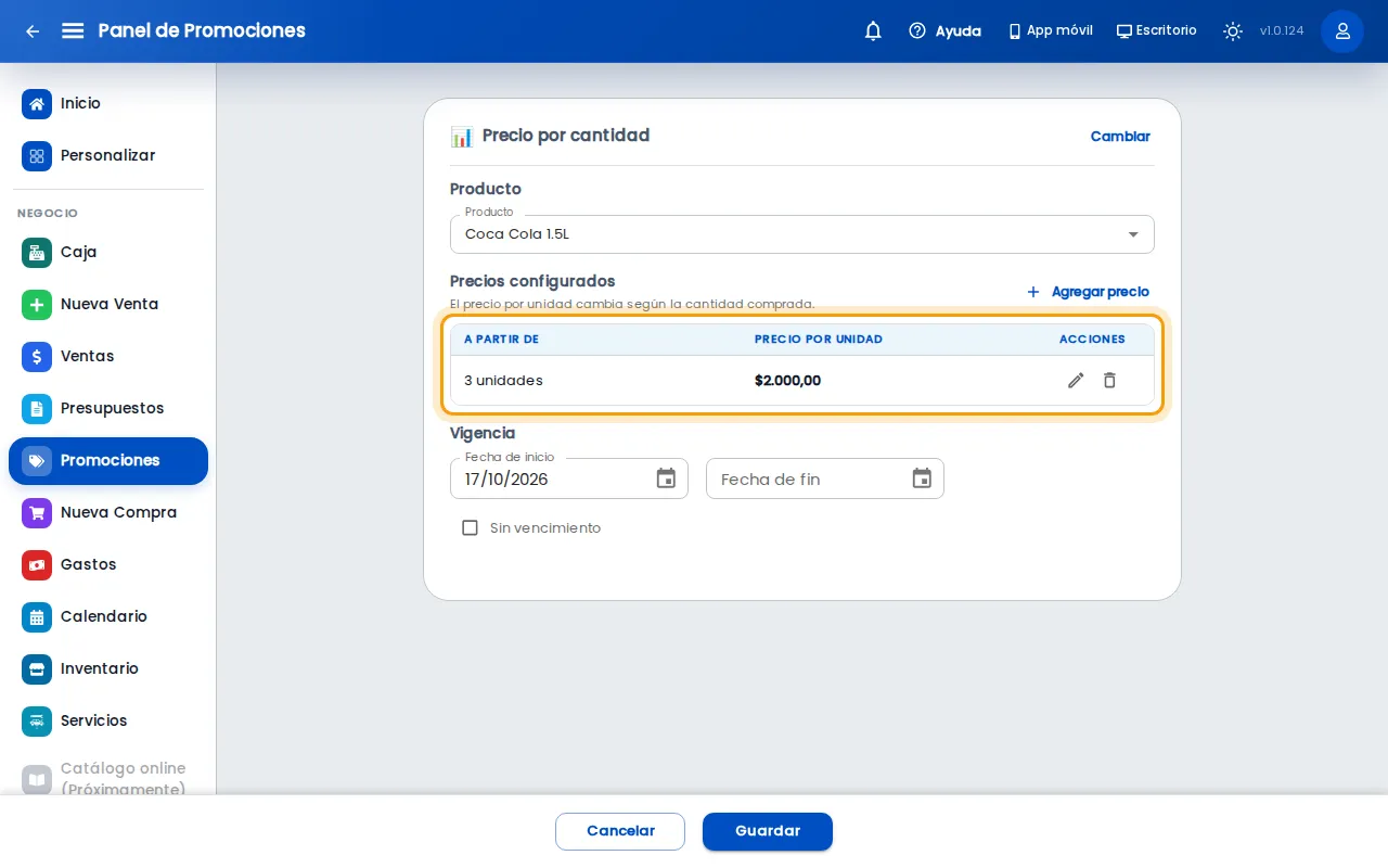 Tabla de precios por cantidad configurada