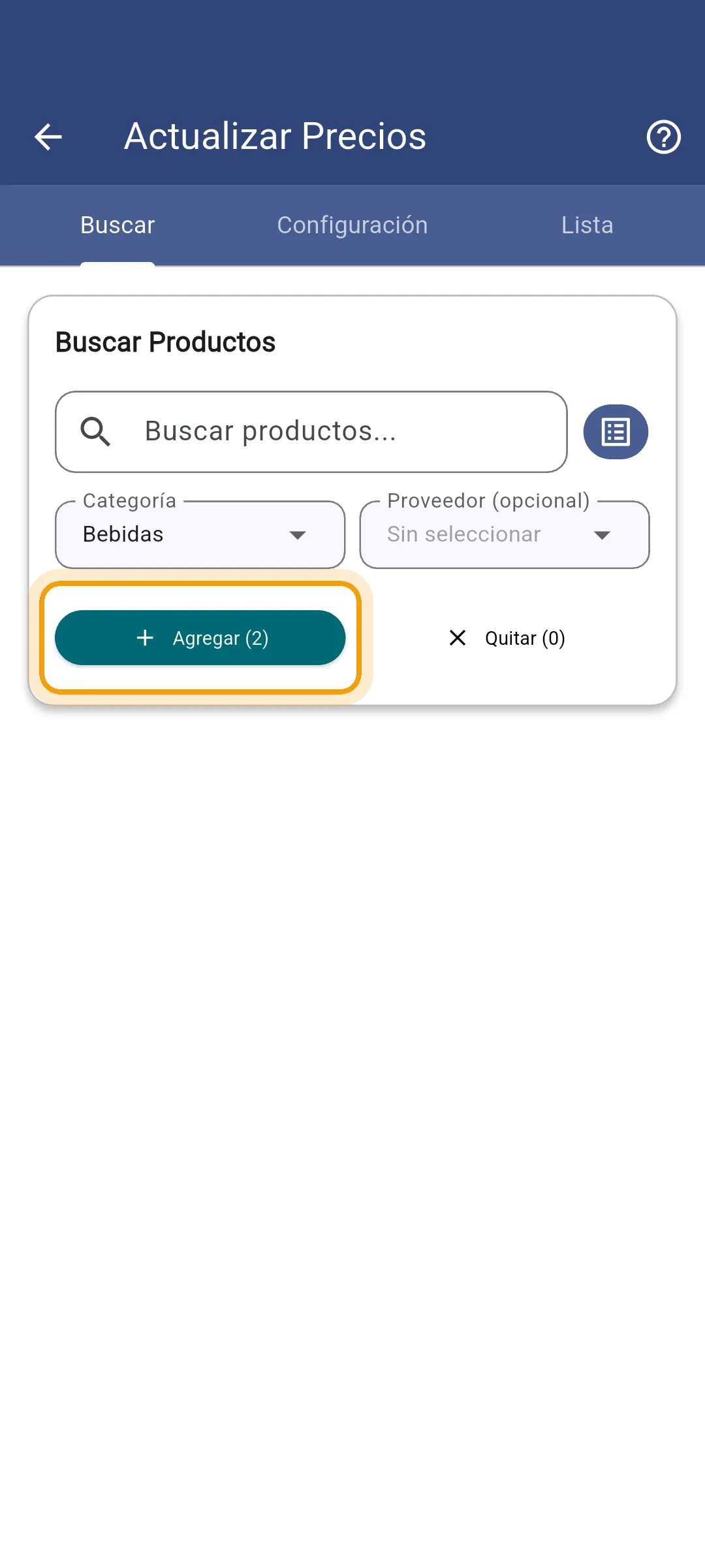 Botón Agregar con los productos filtrados